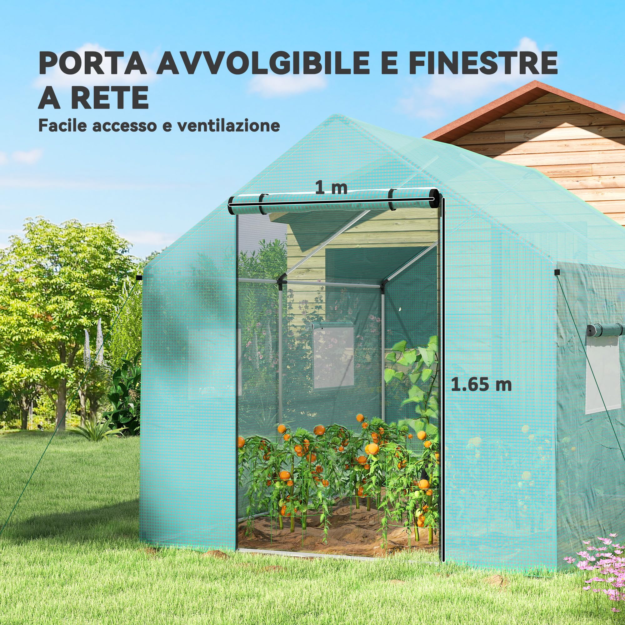 Outsunny Serra da Giardino a Tunnel 2x3x2 m con Porte e Finestre Avvolgibili, Serra per Orto con Tetto a Punta, Struttura in Acciaio e Copertura PE, per Orto Verdure Fiori Frutta, Anti UV, Verde