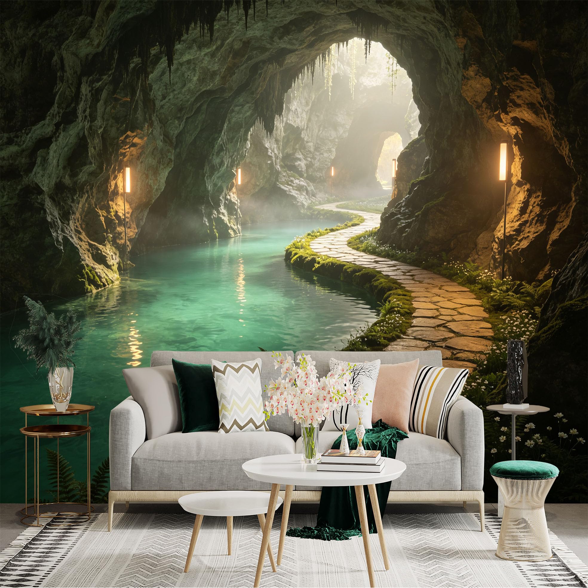 Custom Size Wall Sticker Mural， Mysterious Limestone Cave， Glowing Turquoise Underground River， Stone Pathway Landscape， for wall Decoration， peelandstick wall Decals.