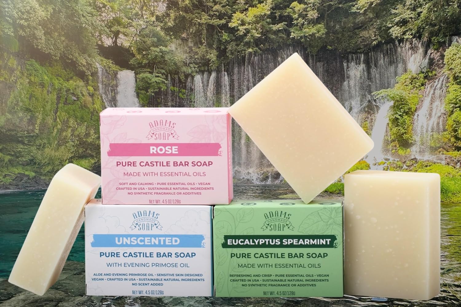 Adams Handmade Soap Variety Pack – 6 Bar Set: Unscented, Eucalyptus Spearmint, Rose, Lemon Sage, Cinnamon Spice, Citrus Medley | Vegan, Cold Process, 84% Organic, USA Made