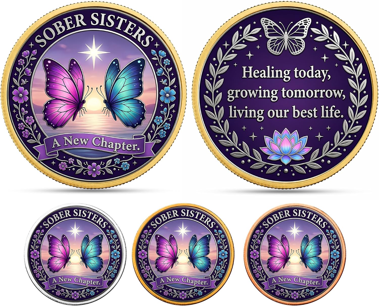 Sober Sisters Butterfly Coin Inspiration Sobriety Encouragement Challenge Coins, Recovery Sobriety Coin Chip, for Staff Appreciation Gifts Office Keepsake Gifts