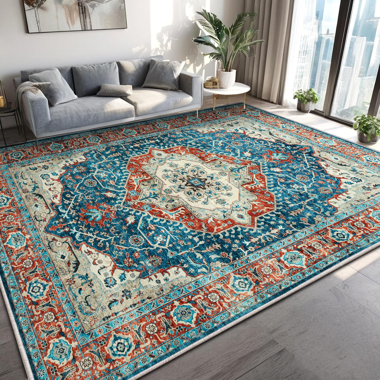 MOONLIGHT20015 Washable Rugs Living Room Large 240x320 cm - Fluffy Vintage Area Rugs for Bedroom - Non Slip Low Pile Soft Boho Rug Carpets for Lounge - Traditional Rug for Dining Room, Regal