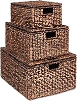Best Choice Products 3pc Large Hyacinth Storage Baskets - Handwoven Rectangular Organizers w/ Lids & Handles for Bedroom, Living Room - 21", 20", 18"