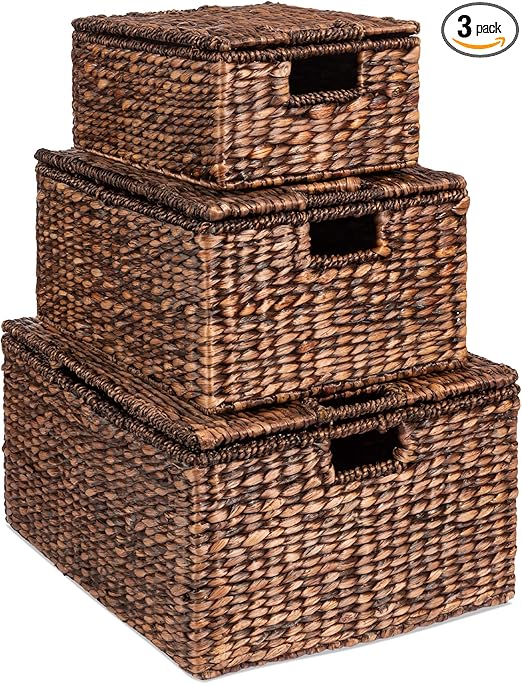 Best Choice Products Set Of 3 Large Multipurpose Hyacinth Storage Baskets, Handwoven Rectangular Organizer Totes for Bedroom, Living Room w/Insert Handles, Removable Lid - 21", 20", 18"