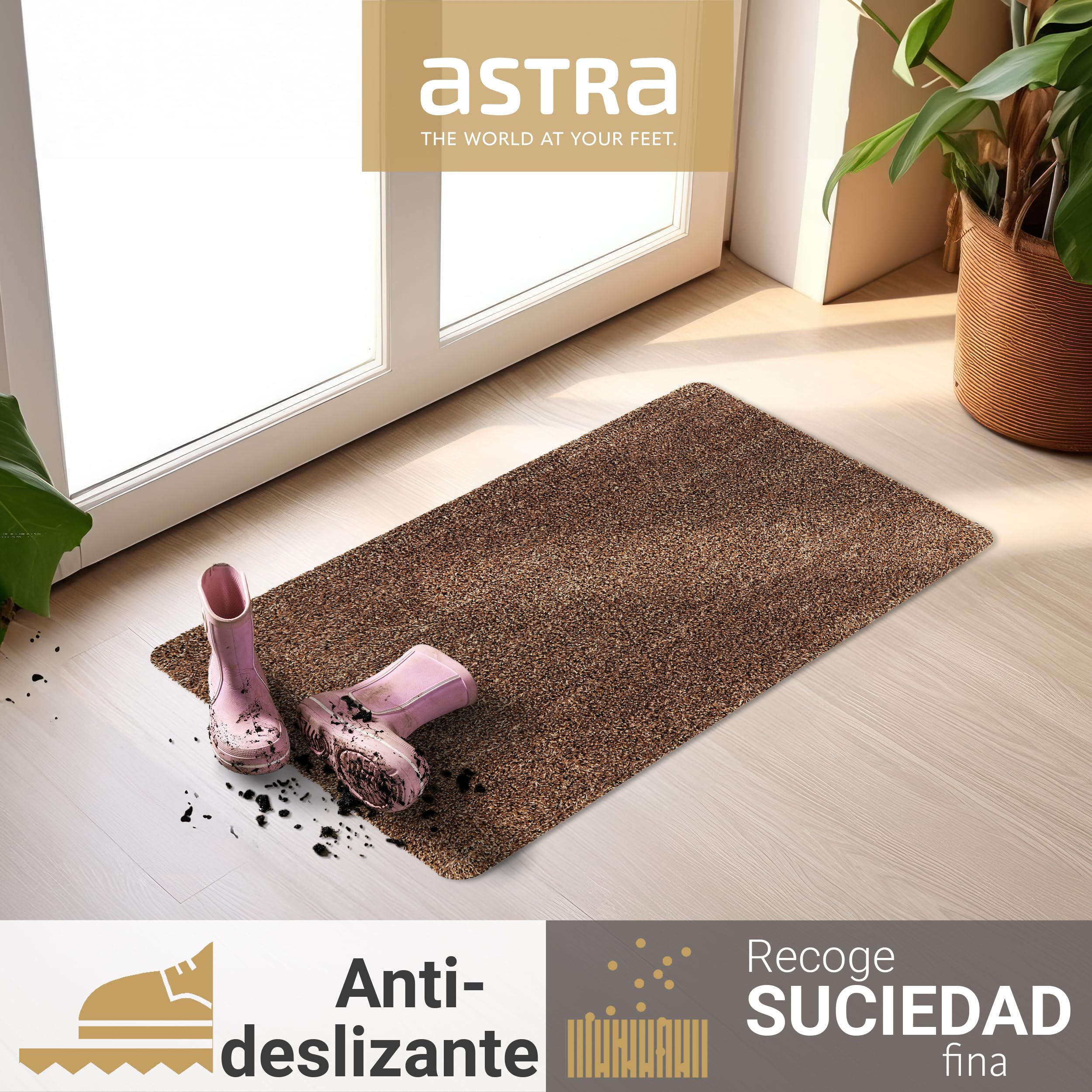Astra Felpudo interior antideslizante, sostenible, lavable a máquina a 30 °C, sin PVC, fácil de limpiar, juego de 2 unidades, 40 x 60 cm, color marrón