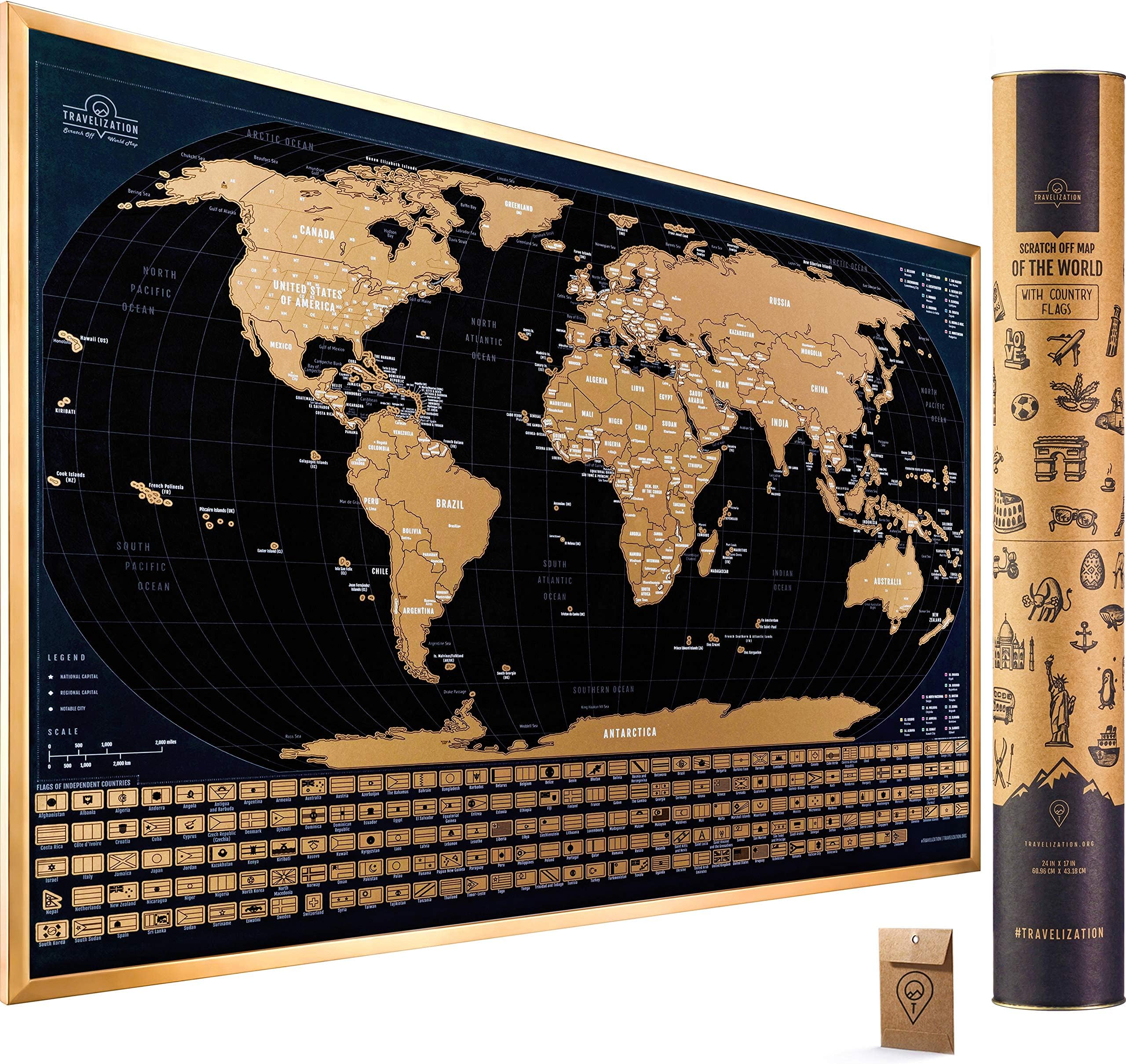 Travelization Scratch Off World Map with 196 Country Flags 24" x 17" Frameable Travel Map with Vibrant Colors and Premium Gold Coating, Beautiful Visited Places Tracker for Travelers, Black
