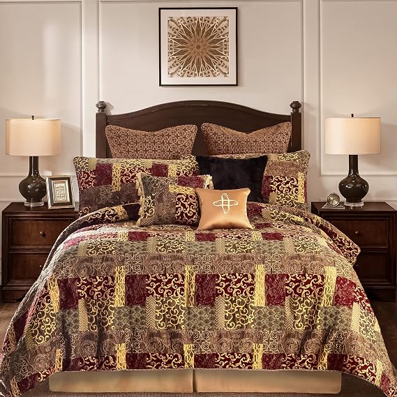 Loom and Mill Ultra Soft Bedding with Euro Shams, Bedskirt, Filled Decorative Pillow for Home Bedroom, Chenille, Red Gold, Queen