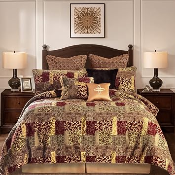 Loom and Mill Ultra Soft Bedding with Euro Shams, Bedskirt, Filled Decorative Pillow for Home Bedroom, Chenille, Red Gold, Queen