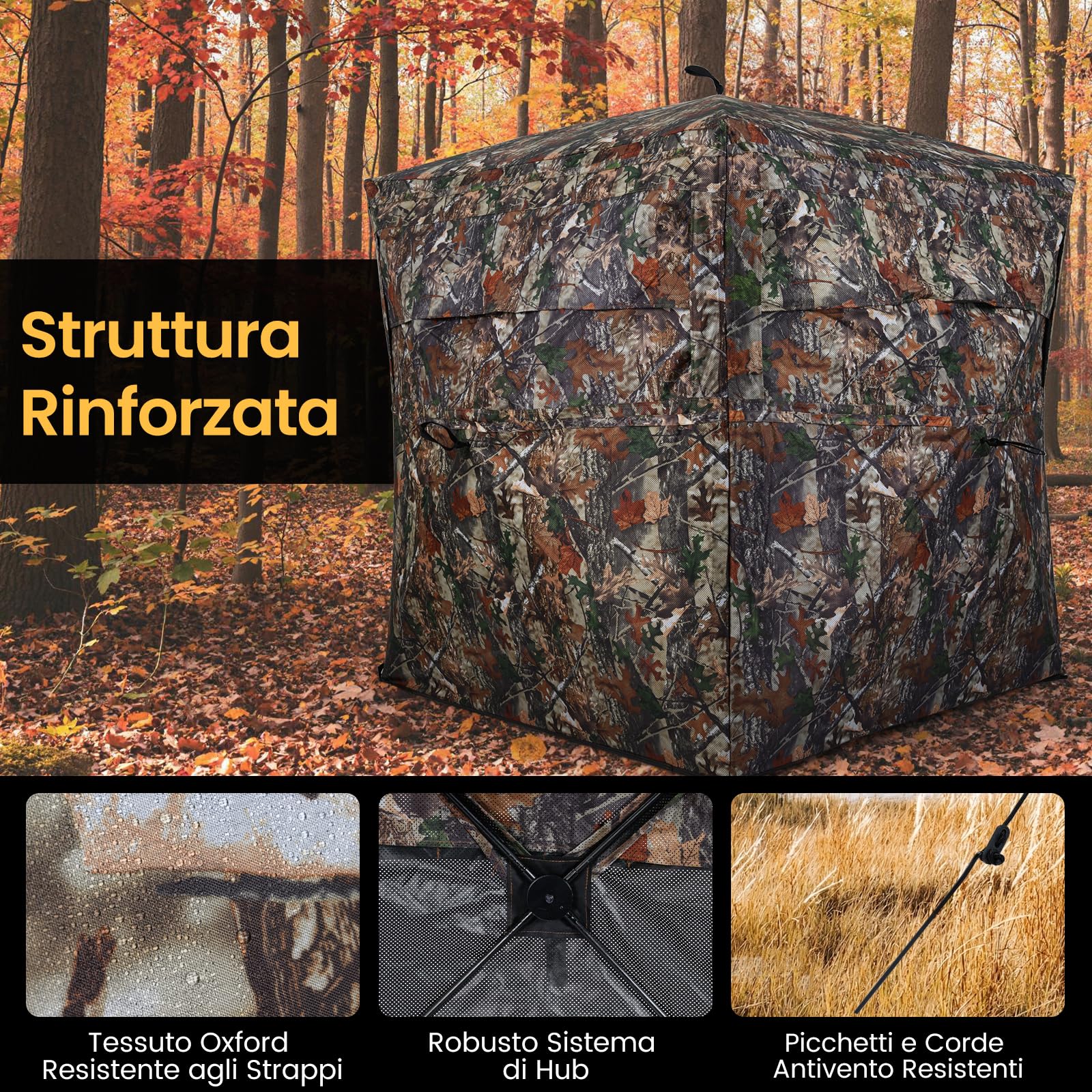COSTWAY Tenda da Caccia Portatile per 4 Persone, Capanno Mimetico a Visione a 360° con Rete Trasparente e Borsa da Trasporto, Tenda Pop-up Camouflage per Caccia di Cervi e Tacchini, 147 x 147 x 170 cm