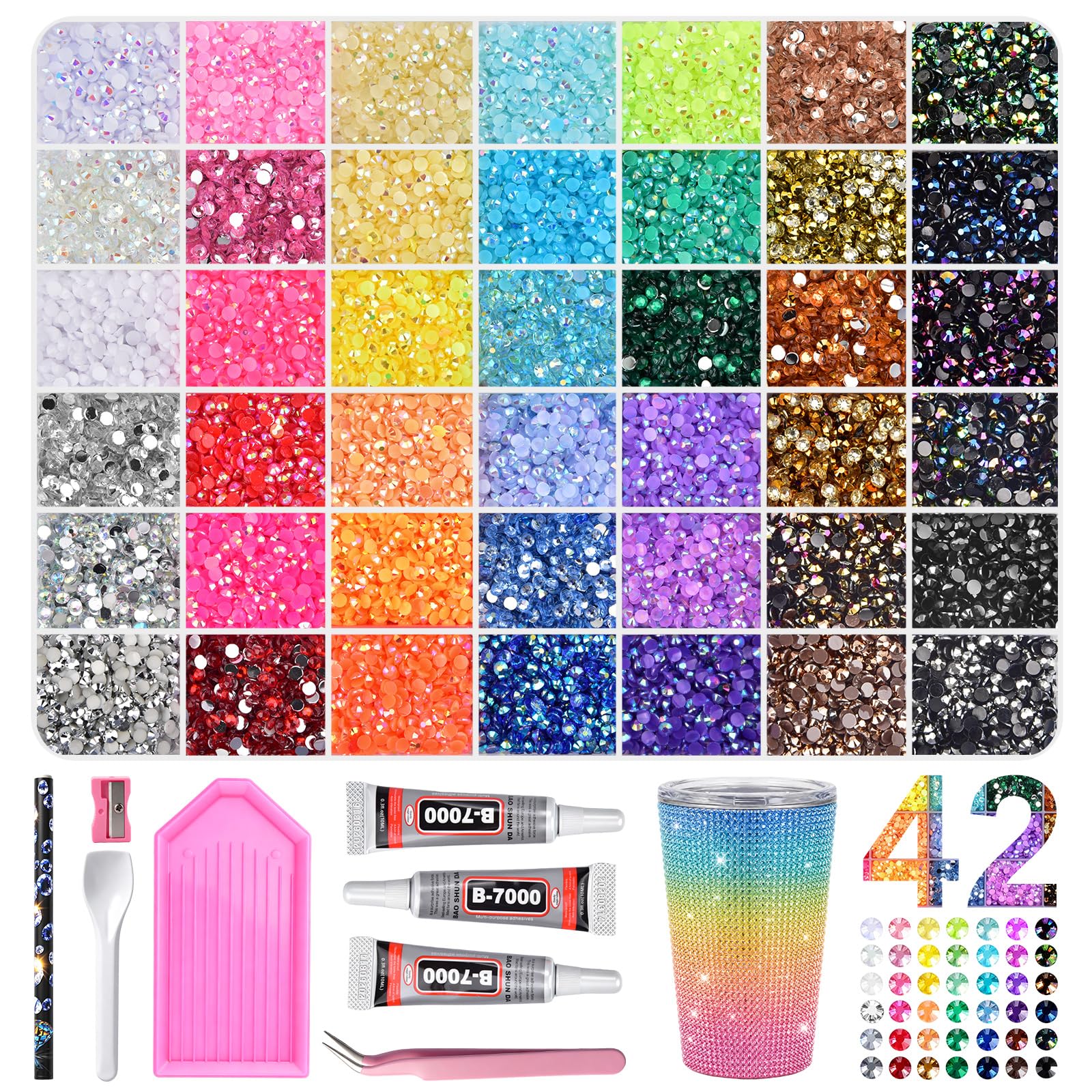 42000Pcs Resin Jelly Rhinestones for Bedazzling, 42 Colors 3mm Bedazzler Kit with Rhinestones for Diamond Art, Flatback Gems with 3×10ml B7000 Jewelry Glue and Tools for Crafting Book Shoes Nail Art