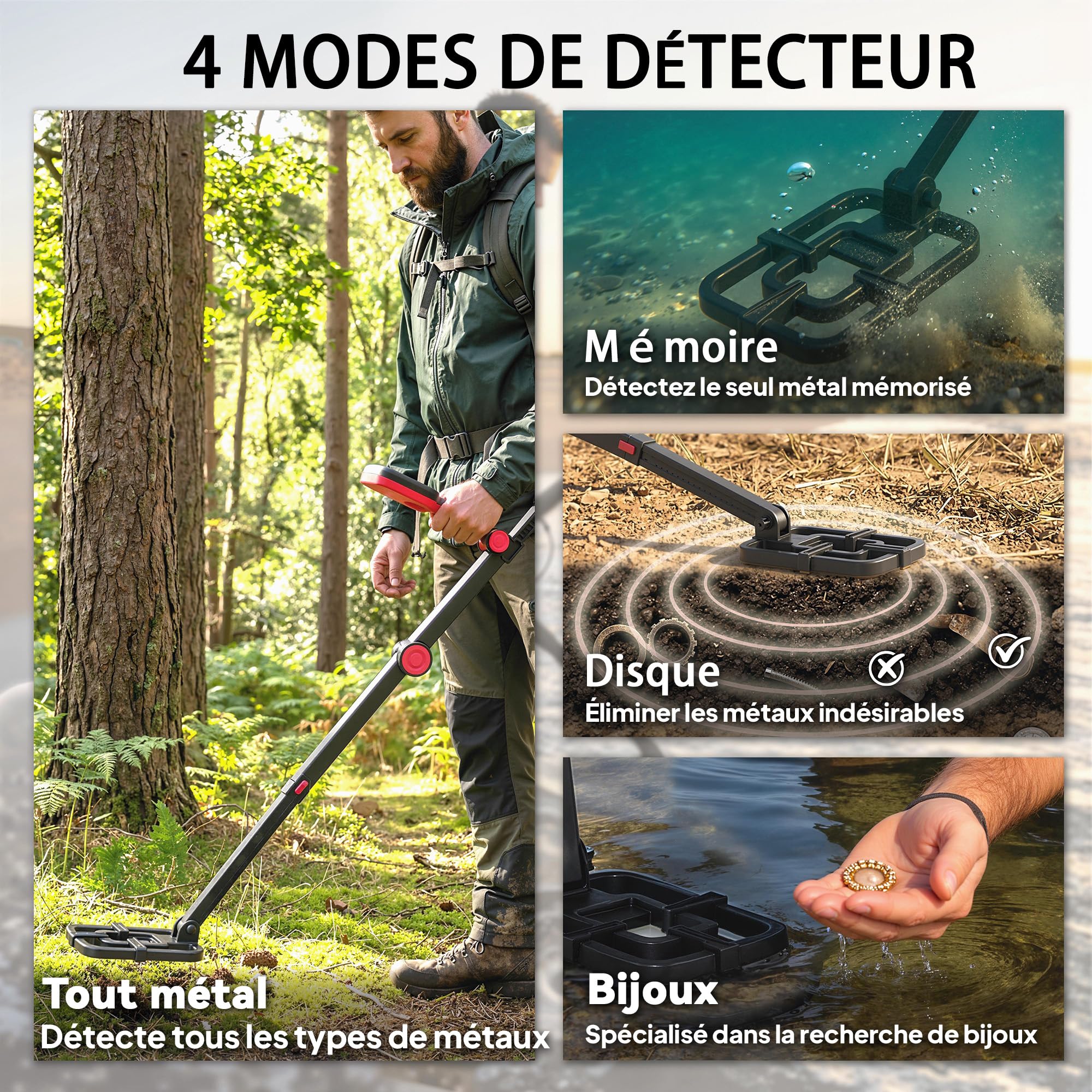 Outsunny Détecteur de Métaux Professionnel pour Adultes Enfants IP68 Noir