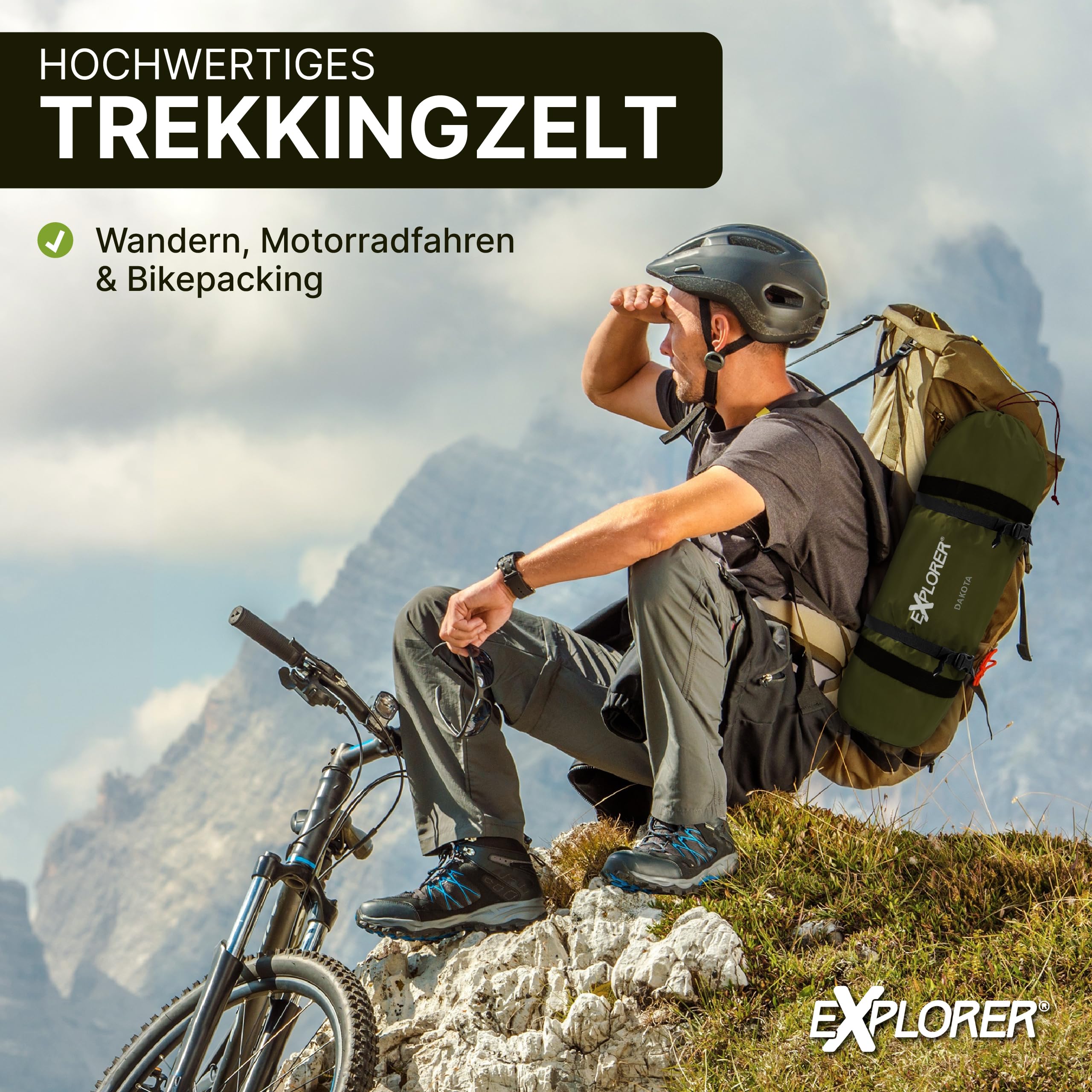 EXPLORER Dakota 1-2 Personen Zelt kleines Packmaß Ultraleicht für Fahrrad oder Motorrad Reise 1-2 Personen 3000mm Wassersäule mit separatem Innenzelt wasserdichter Boden Wandern Trekking Camping