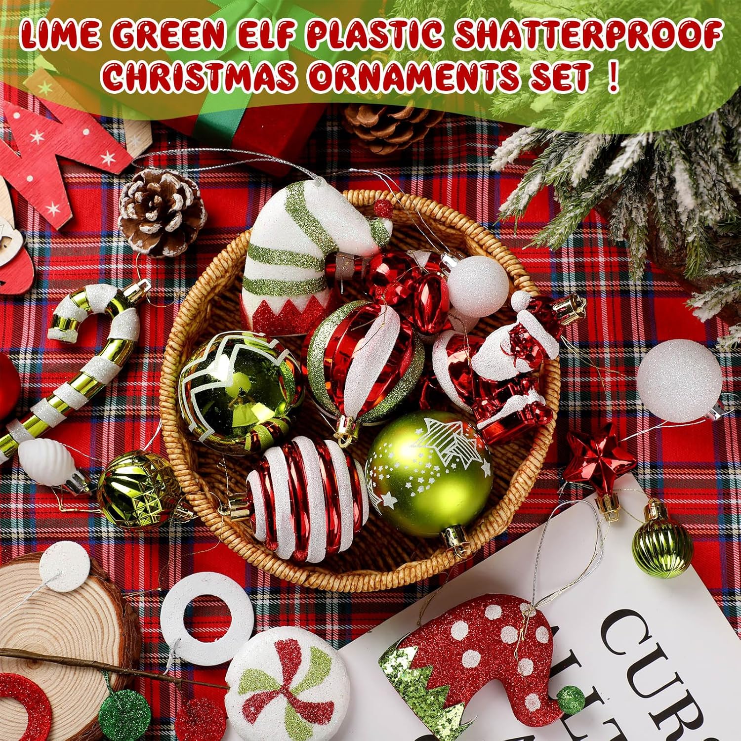 Soulchen 50 Pcs Lime Green and Red Christmas Ornaments Candy Cane Christmas Tree Ornaments Shatterproof Hanging Decorations for Tree Home Indoor Holiday Wedding Party Decor