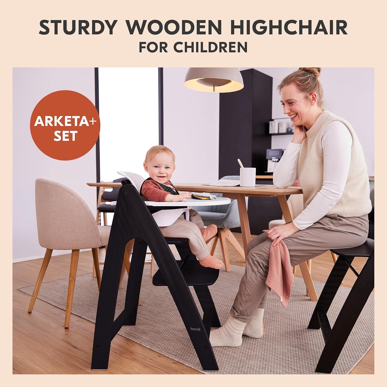 Arketa+ Adjustable Wooden High Chair with Tray & Baby Seat – Grow with Me High Chair, Infant to Adult (286 lbs), Ergonomic, 5-Point Harness, FSC Beech Wood, Convertible Feeding Chair - Black