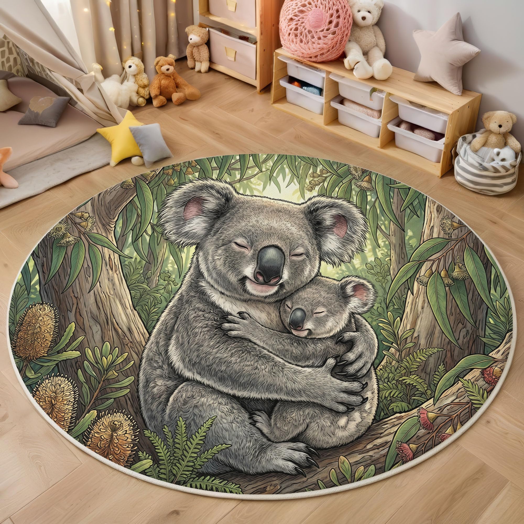 Tapis rond koala pour salon et chambre ambiance forêt d'eucalyptus
