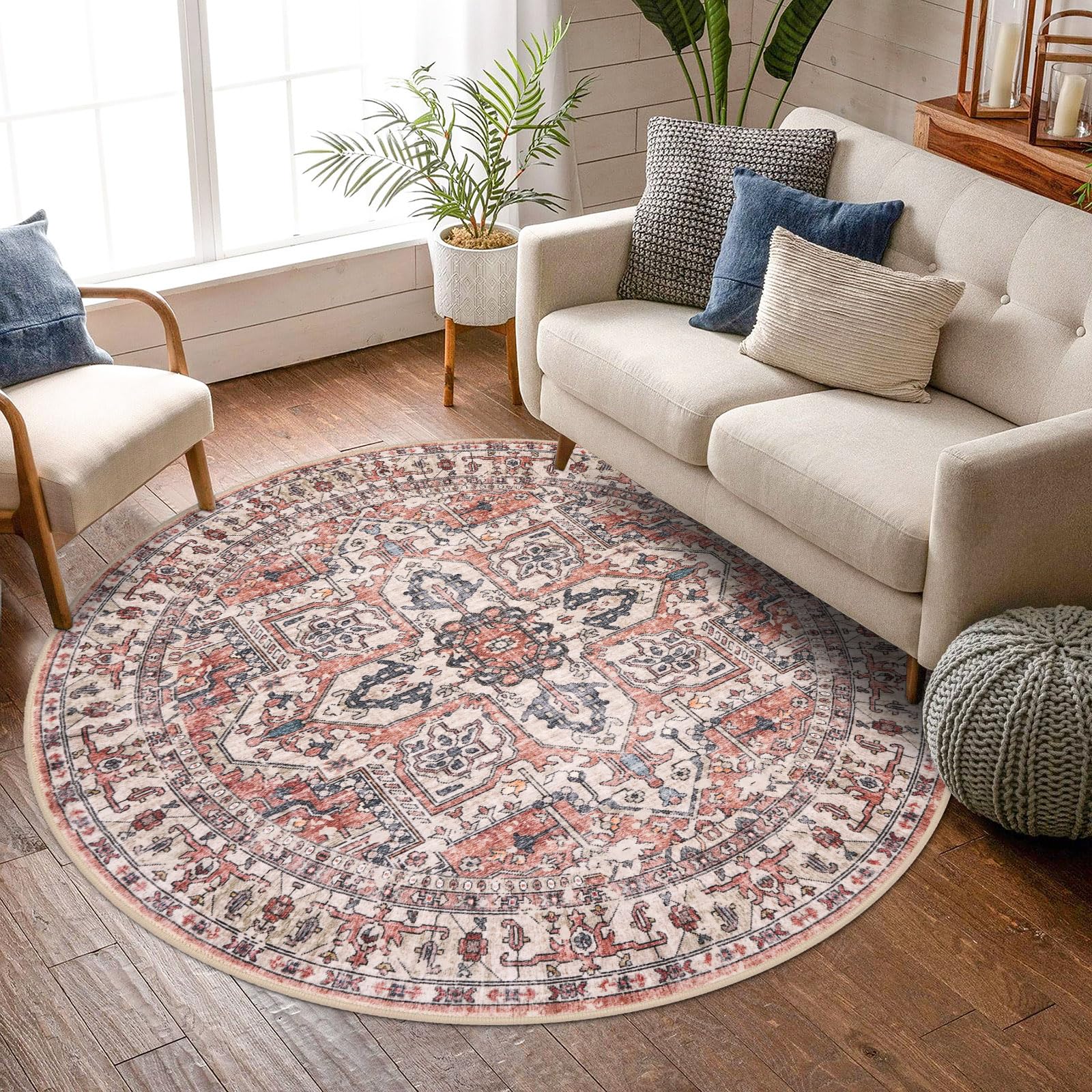 KOZYFLY Round Rug 6 Ft Rugs for Entryway Washable Circle Rug Non Slip Round Living Room Rugs Printed Faux Wool Round Dining Room Floor Carpet Floor Carpet for Entryway, Bedroom, Red Salmon/Pink/Navy โ image 1