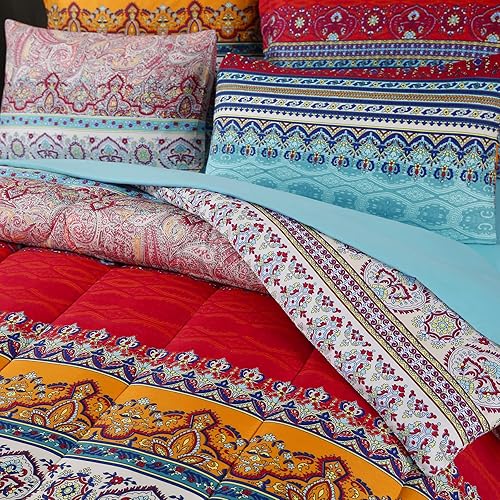 Miniatura 5 de Juego de edredón reversible de 7 piezas con estampado colorido de estilo bohemio rojo y azul, tamaño matrimonial (1 edredón, 1 sábana encimera, 1