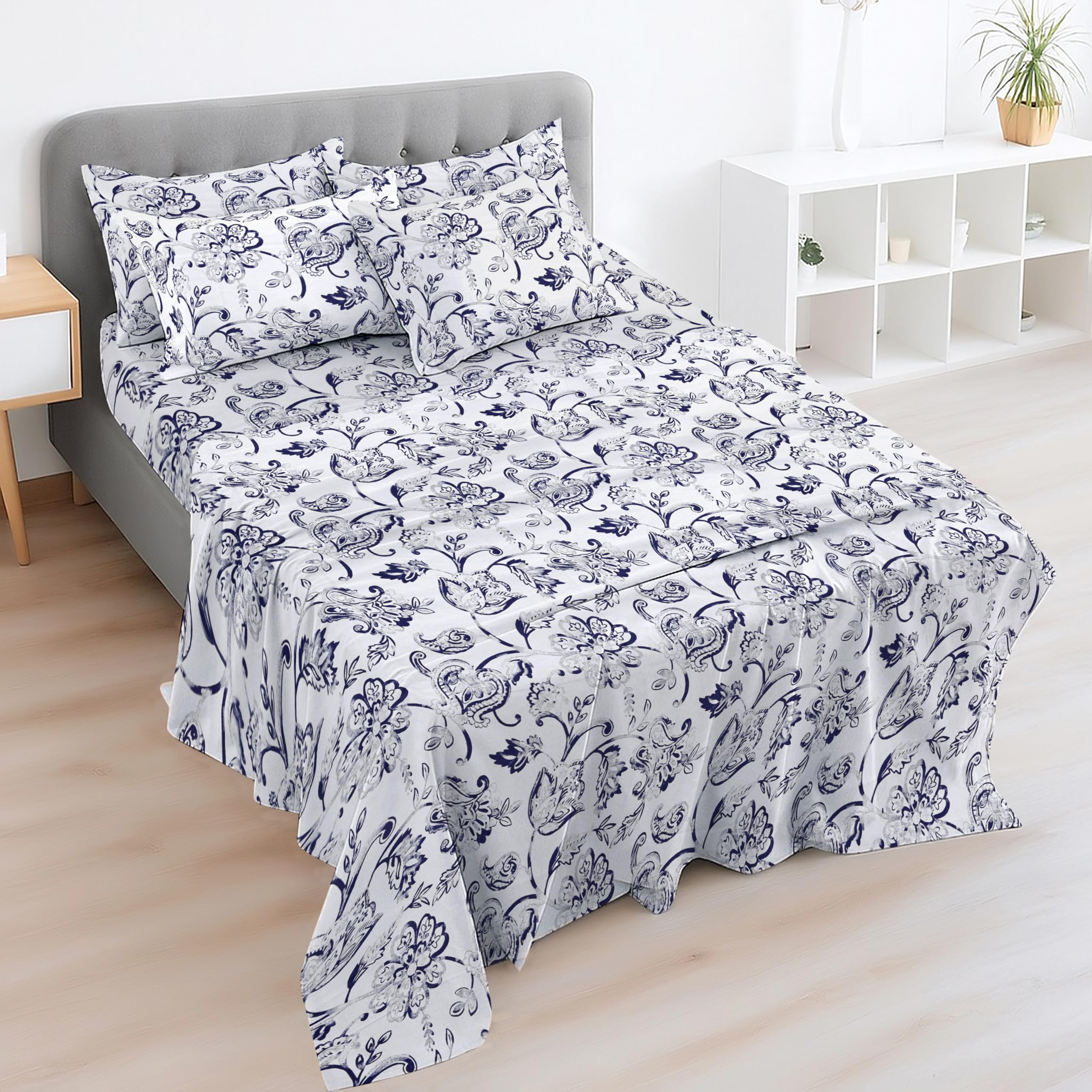EverSoft 4FT Small Double Bed Sheet Set | 100% Egyptian Cotton 400TC | Deep Fitted & Flat Sheet + 2 Pillowcases | Soft Floral Print Luxury Bedding