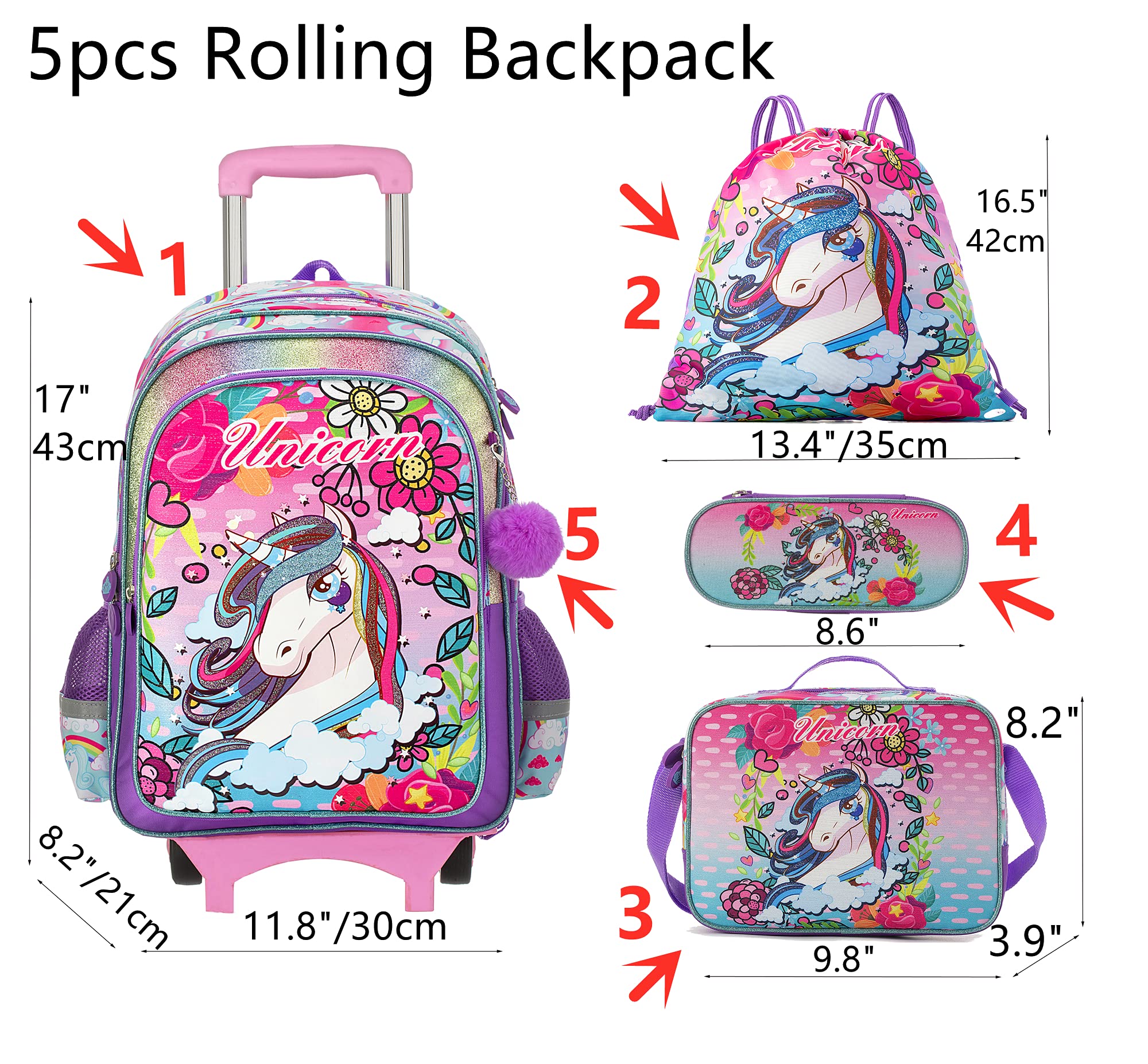 Unicorn Rolling Backpack for Girls 5 in 1 Elementary Student School
