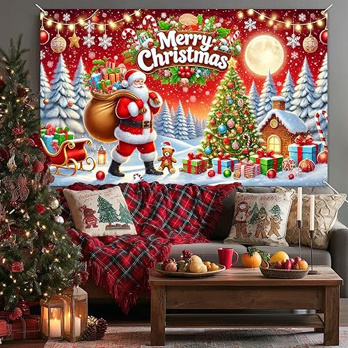 Miniatura 4 de Cartel de Navidad de 71 x 43 pulgadas, telón de fondo rojo de Papá Noel con árbol de regalo, decoración de nieve en trineo para interiores y