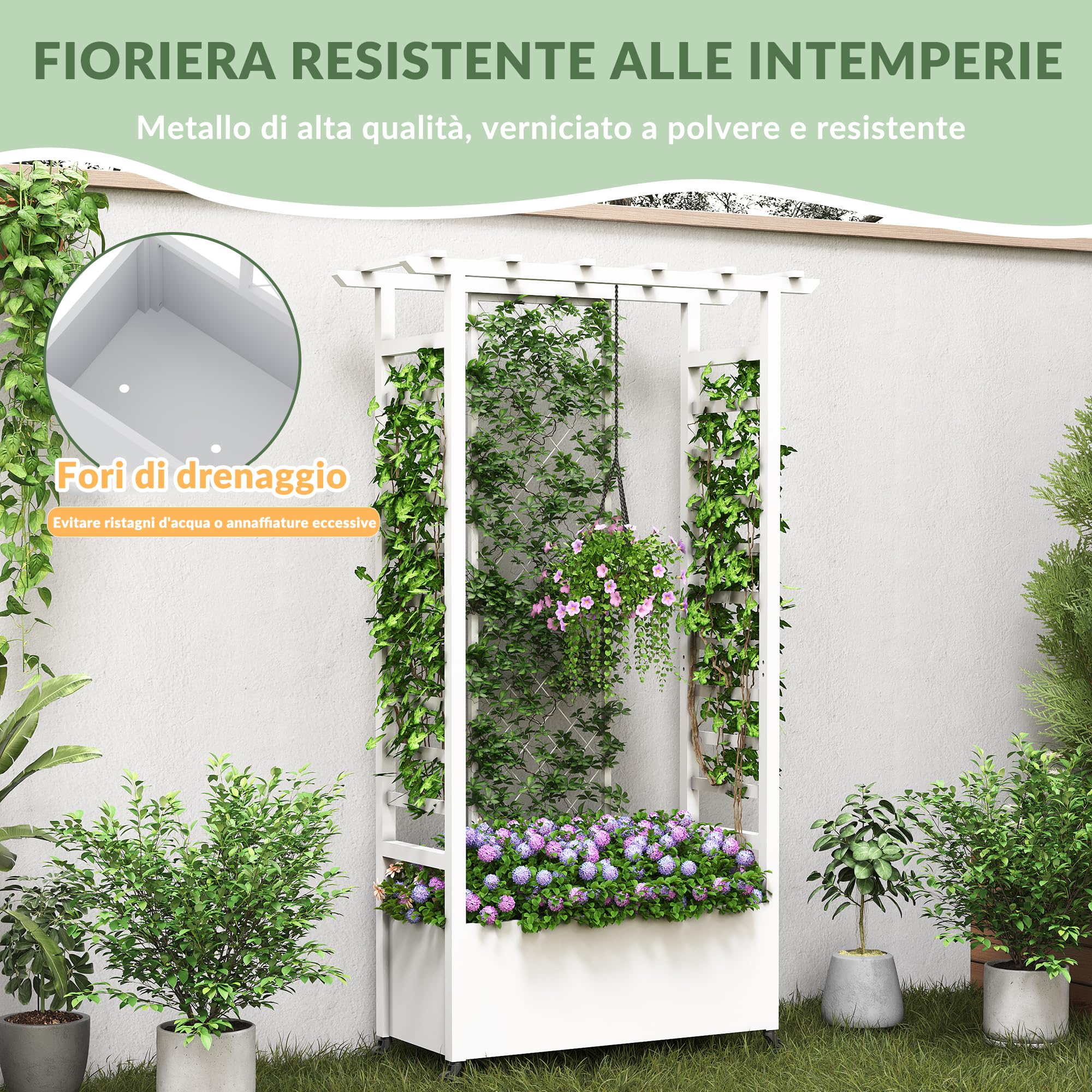 Aiuola rialzata con traliccio e tetto sospeso,fioriera in metallo resistente alle intemperie con ruote e 2 tralicci laterali per piante rampicanti,divisorio mobile per la privacy all'aperto per patio