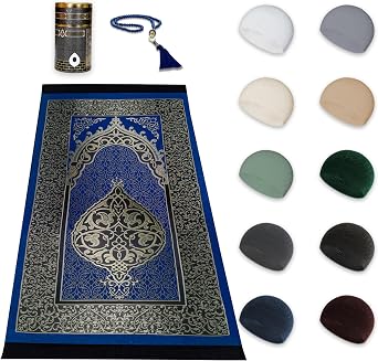 10 Pieces Kufi Hats for Men and Muslim Prayer Rug Islam and Beads, Kaabe Design