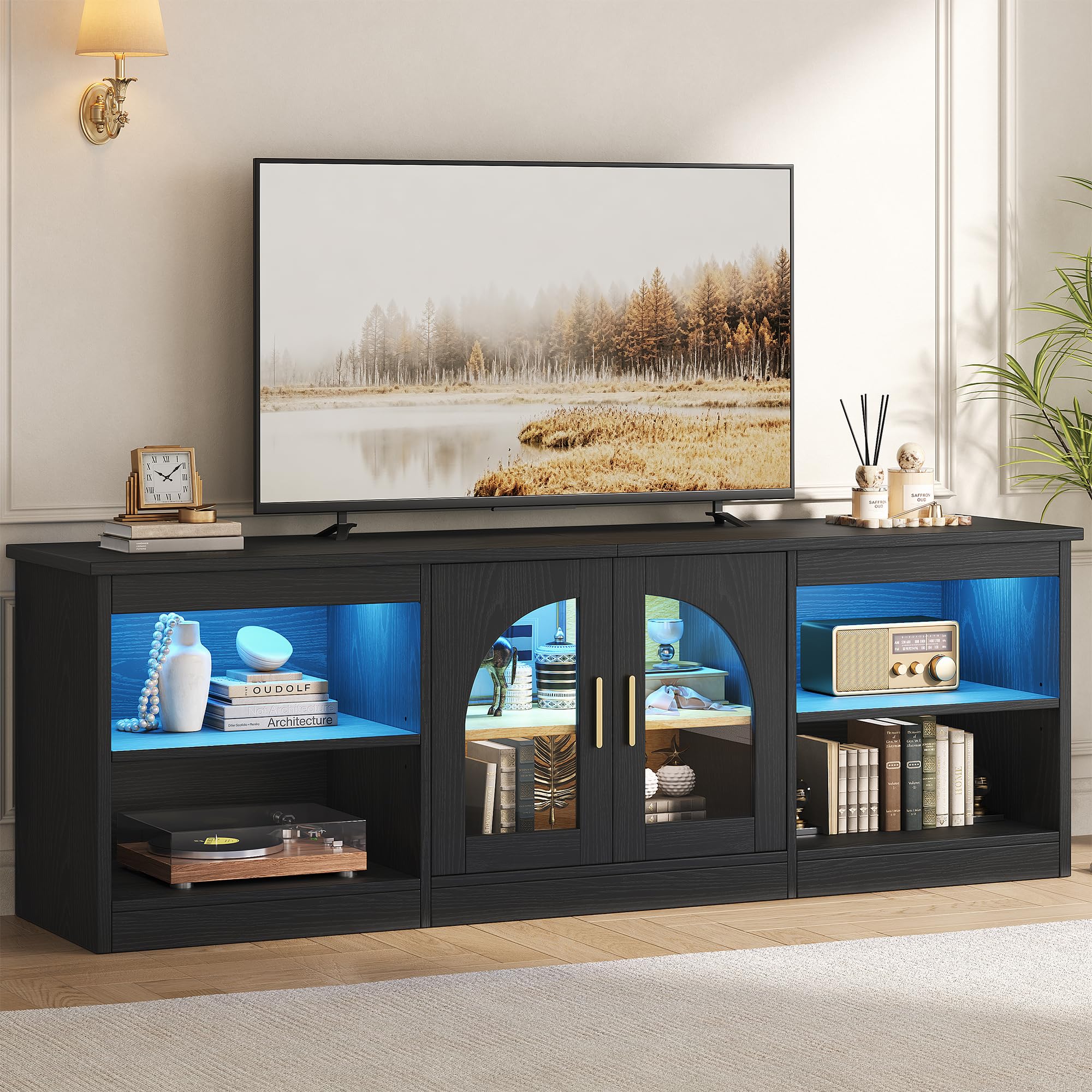Hizyrina 146cm LED TV Stand Cabinet for Living Room, Large Long TV Unit for 55/60/65 Inch TV, Modern Under Television Furniture with Storage, Adjustable Shelves & Arched Glass Doors, Black