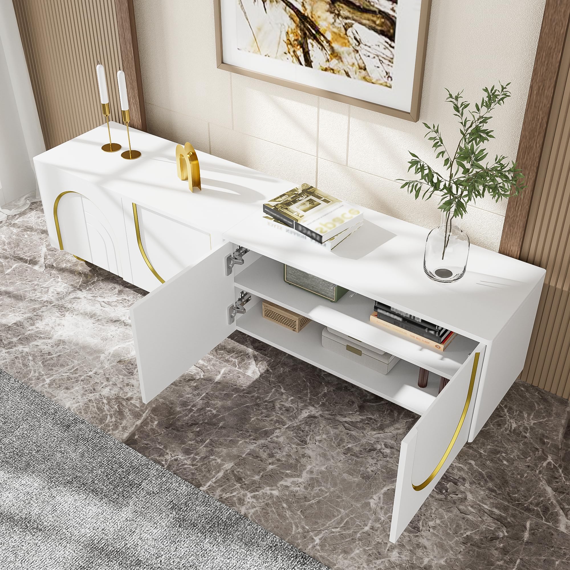 Mobile TV lowboard con ante strutturate, decorazioni dorate, gambe rotonde dorate, ripiani inclusi, push-to-open (bianco e oro, 170 x 38 x 44 cm)