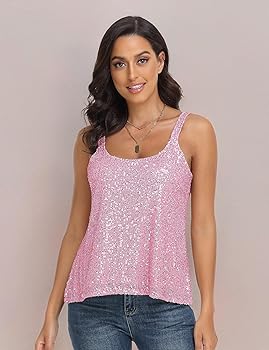 PrettyGuide Women's Pink Sequin Top Casual Fashion Scoop