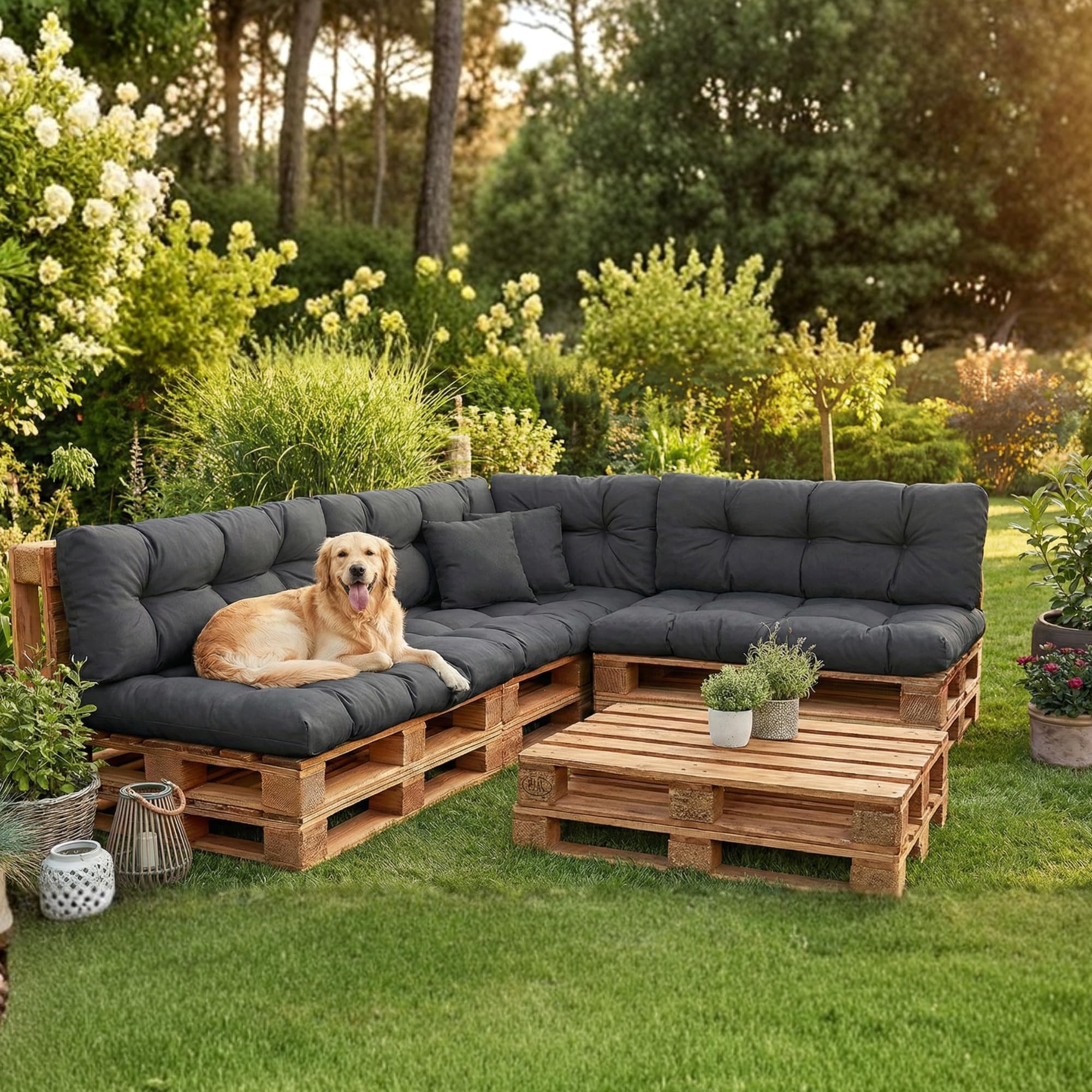 Palettenkissen Outdoor-Kissen Wasserdicht für Palettensofa Palettenmöbel Europaletten - Gartenkissen - 1 x Rückenkissen 120 x 40 cm + 1 x Sitzkissen 120 x 80 cm - Dunkelgrau