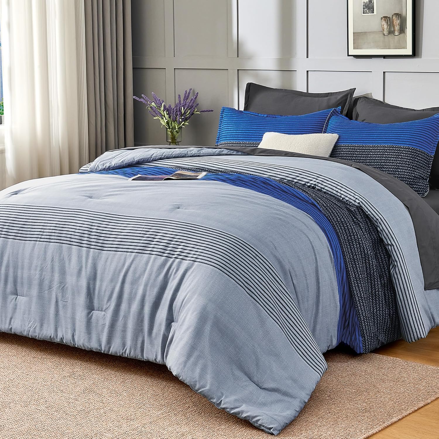 Andency Queen Size Comforter Set 7 Pieces - Blue Grey Patchwork Lightweight Bed in a Bag, Soft Fully Patchwork All Season Bedding Set with Comforter, Fitted & Flat Sheet, Pillowcases & Shams