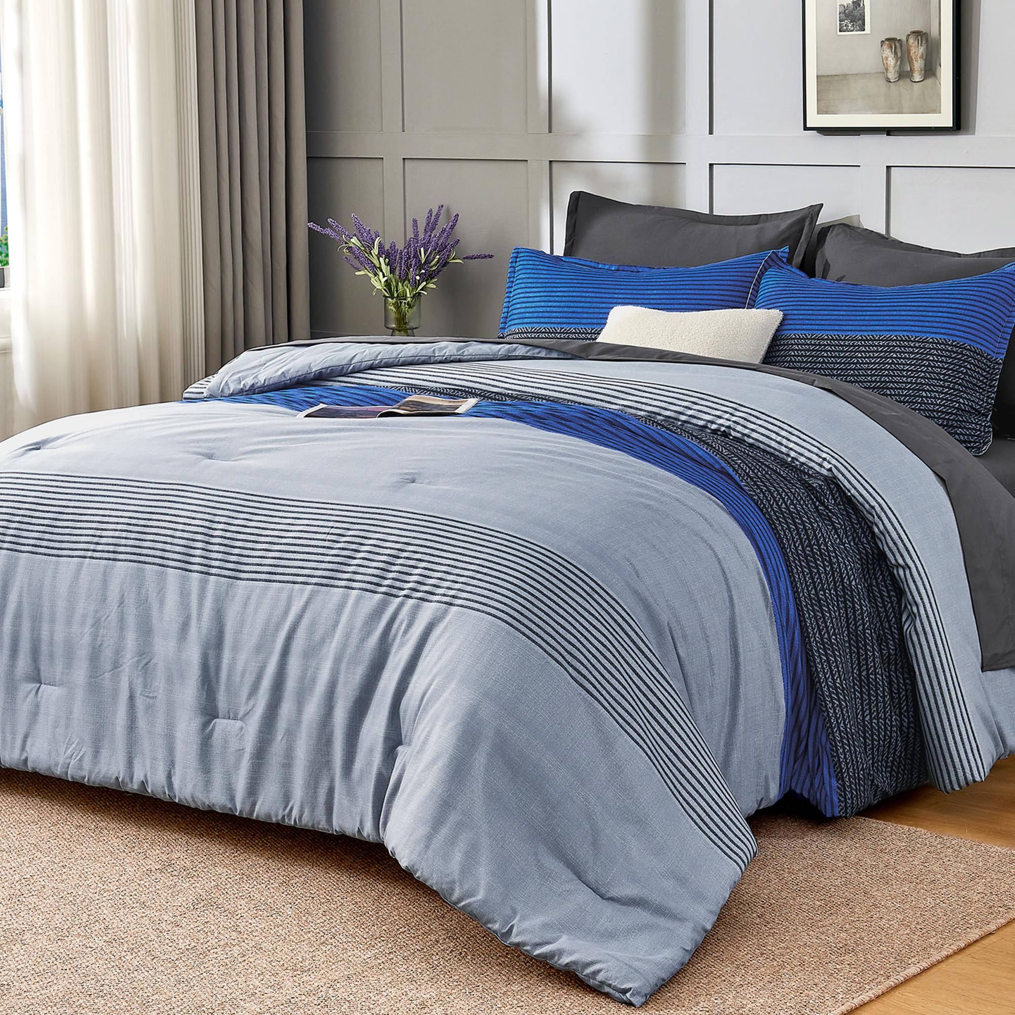 Andency Queen Size Comforter Set 7 Pieces - Blue Grey Patchwork Lightweight Bed in a Bag, Soft Fully Patchwork All Season Bedding Set with Comforter,