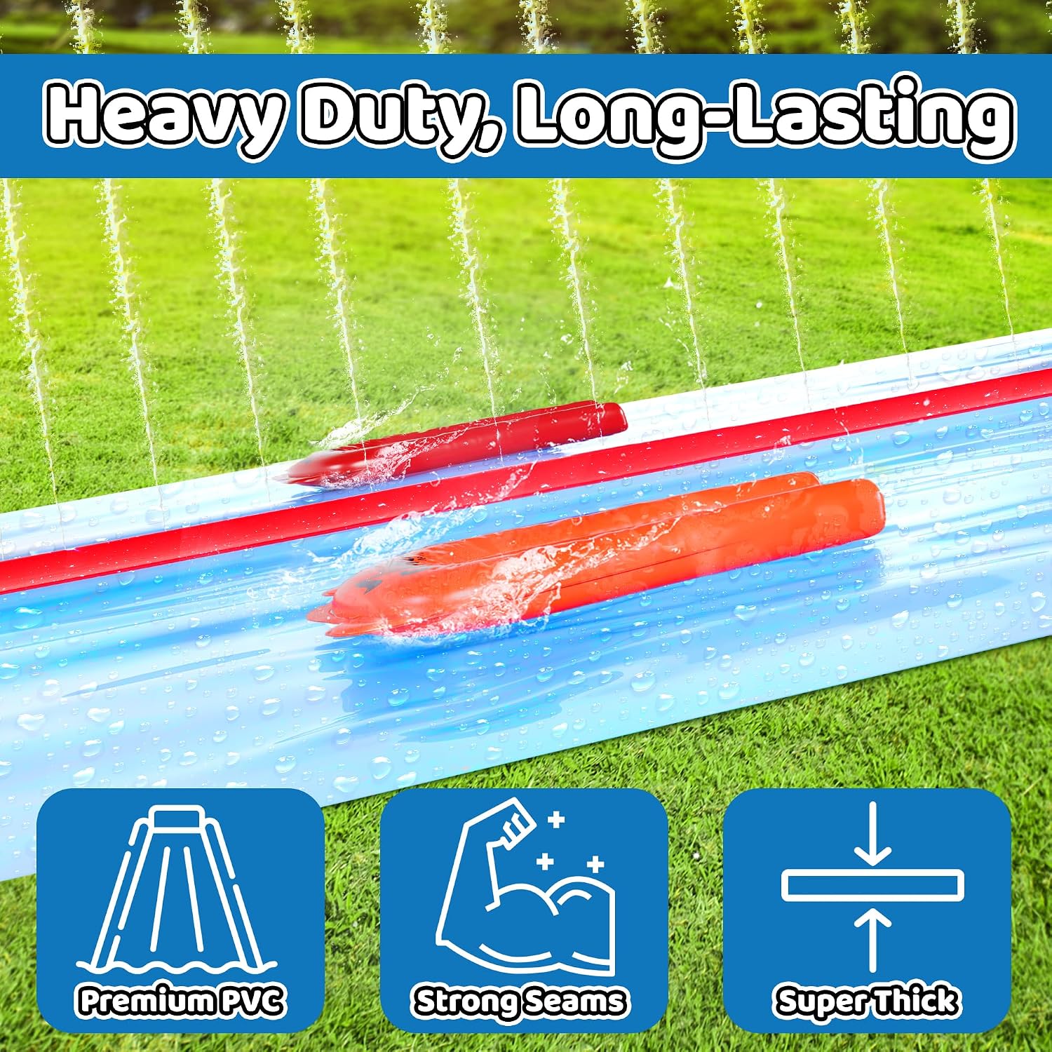 JAMBO Updated 2025-50FT x 8FT Huge Mega Slip Splash and Slide, Heavy Duty Lawn Water Slide, Extra Long Tarp Splash Mat, Big Backyard Waterslide, Outdoor Water Toys