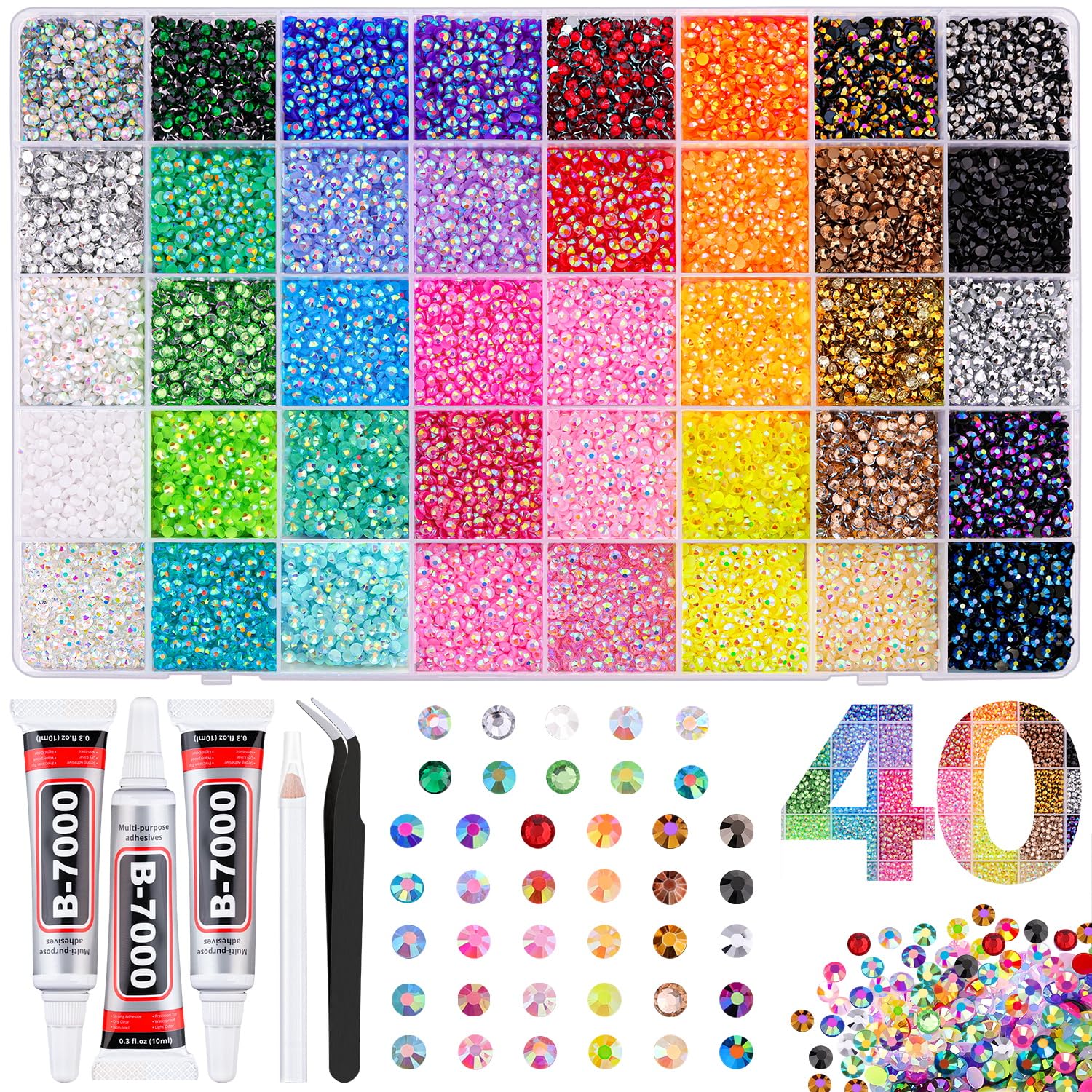 40000Pcs 40 Colors Jelly Rhinestones for Bedazzling, 3mm Multicolor Resin Flatback Gems for Diamond Art, Bedazzler Kit with 3Pcs 10ml B7000 Jewelry Glue for Bedazzle Thing Crafting Book Nail Art Jelly AB | 40 colors Ultra Large Packs + 3Pcs Glue | 3m