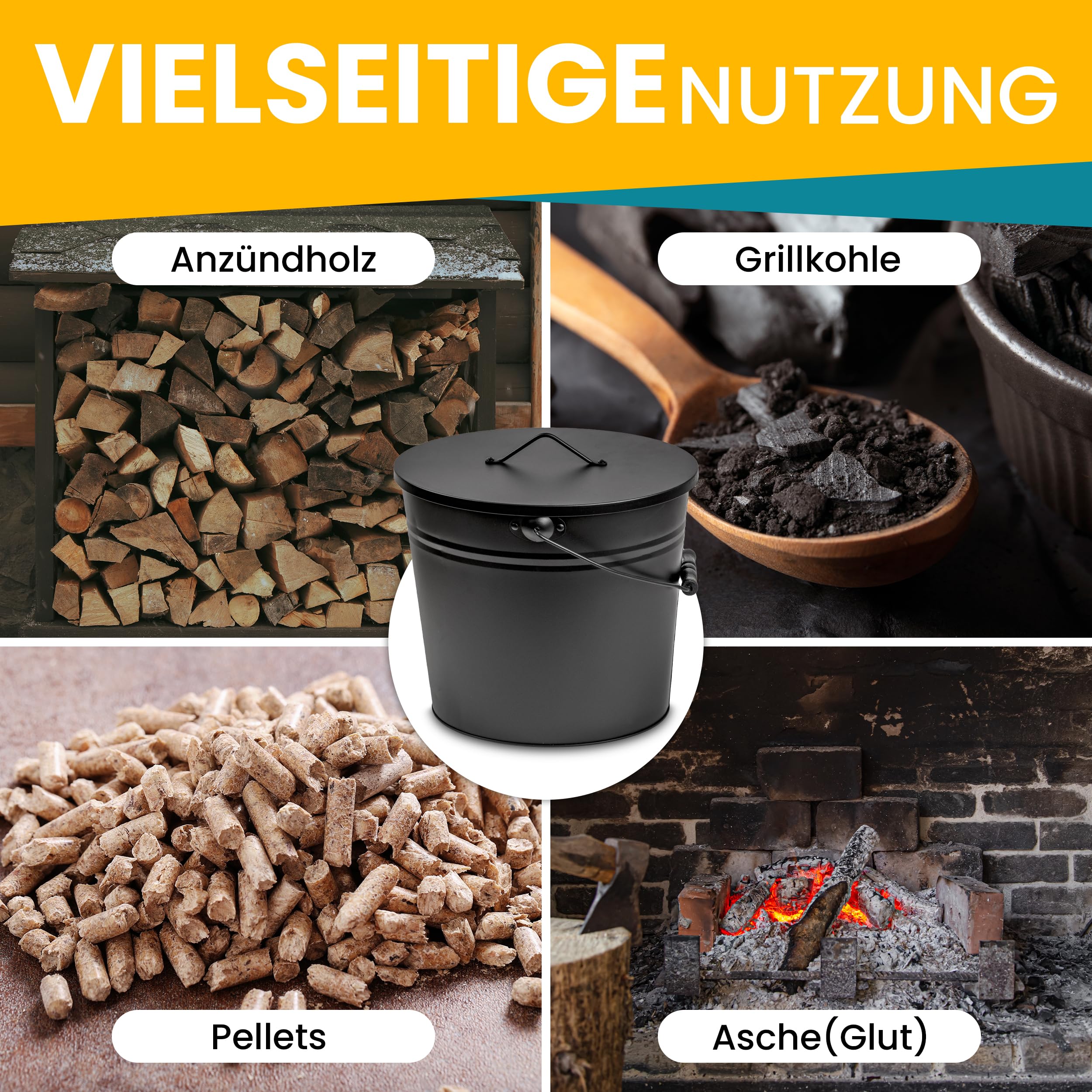 XL Ascheeimer mit Deckel - Kohleeimer 24 Liter aus Stahlblech im Schwarz - Kamineimer mit Deckel - Ascher Allzweckeimer für den Innen- und Außenbereich