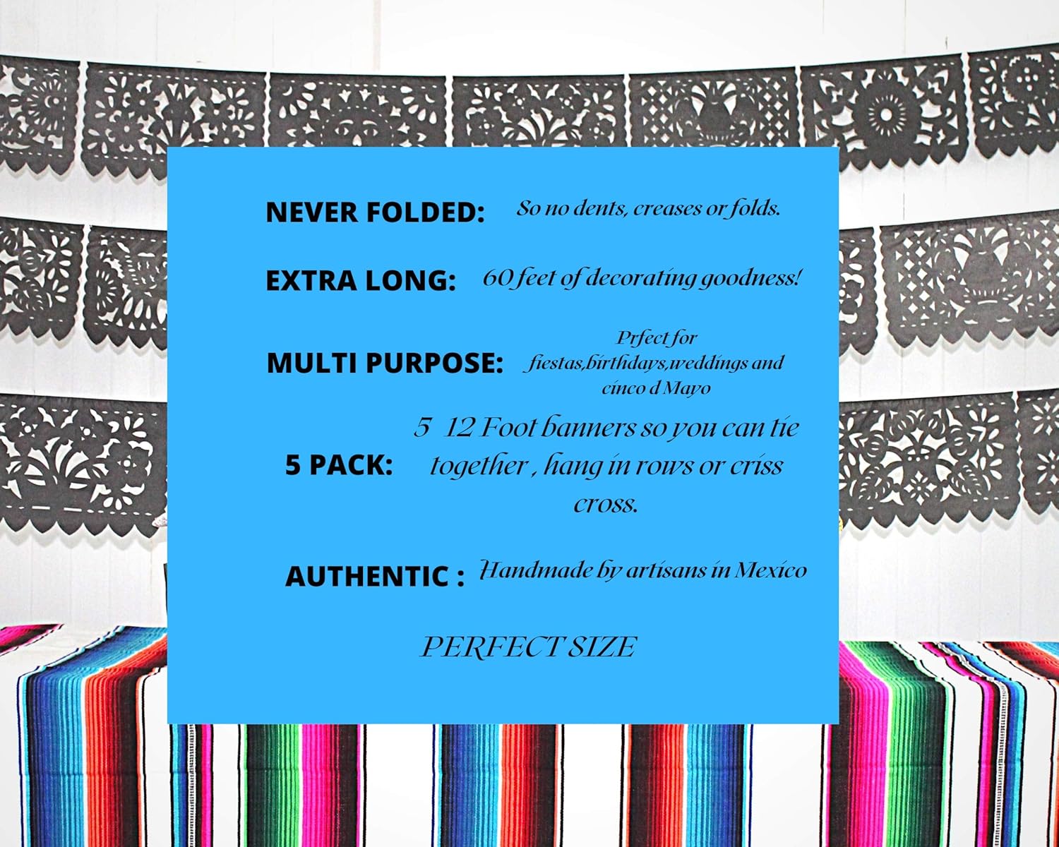 Black Papel Picado Banners, Fiesta Decorations, Mexican Party Banner, Bunting, Garland, Streamers for Weddings, Quinceañeras, Bridal, Engagement, Birthdays 5pk|60ft