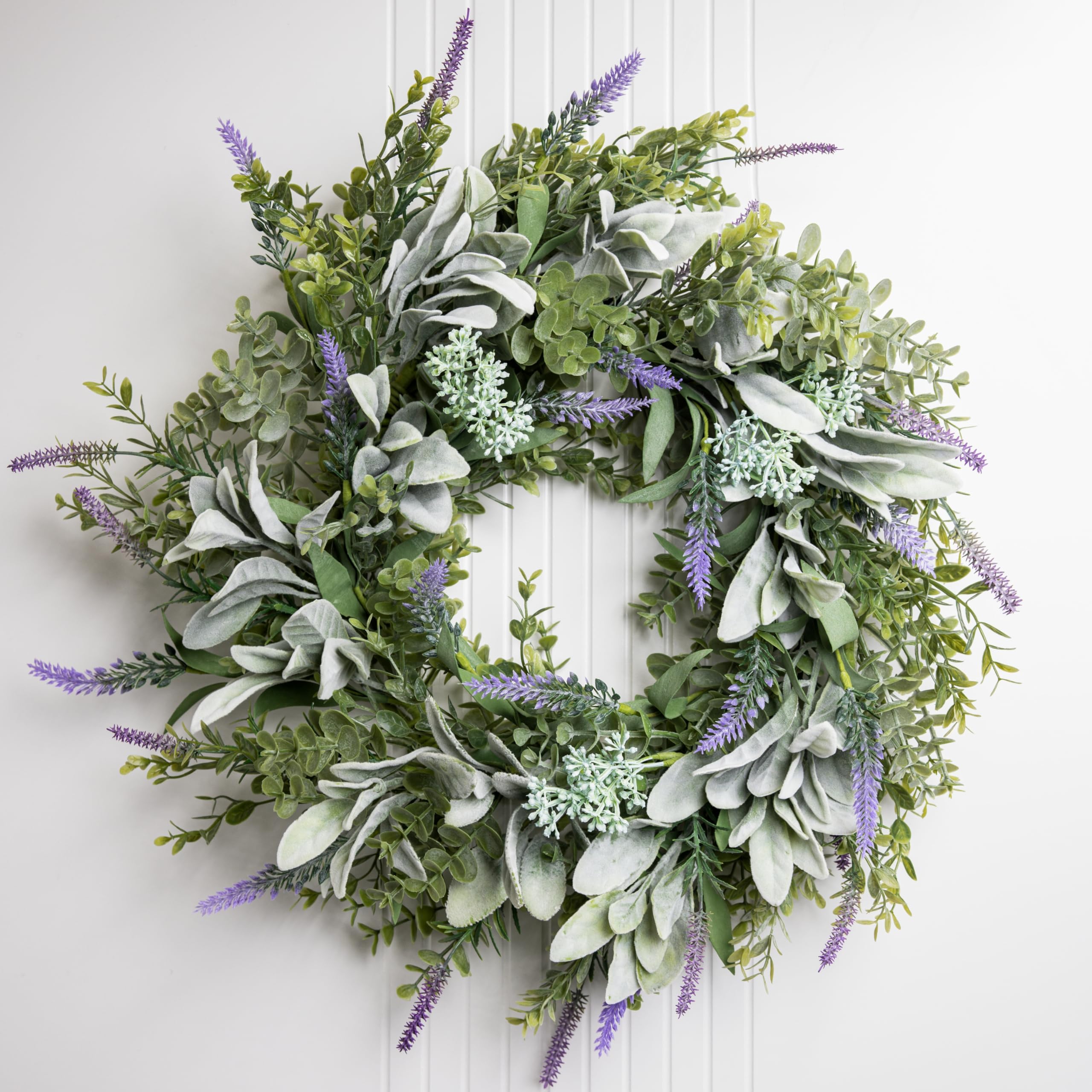 Perfnique Lavender And Green Spring Summer Wreaths For Front Door, 50 Cm Lambs Ear Wreath With Lavender Flowers And Eucalyptus Leaves, Green Artificial Wreath For Door Window, Farmhouse Wreath For Wall Decor (Lavender)