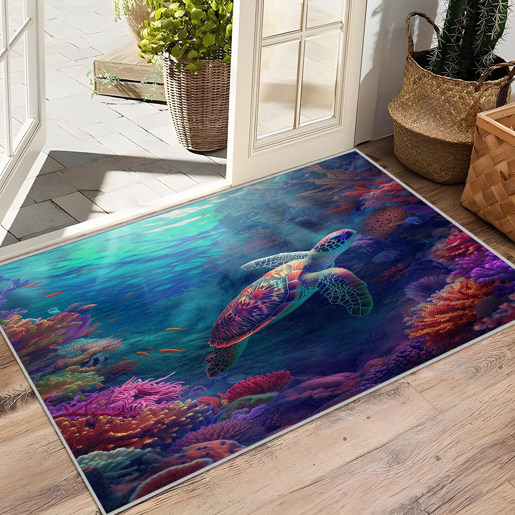 Turtle Themed Rug Nautical Rug Sea Turtle Square Sea Turtle Wool Rug Top Decorative