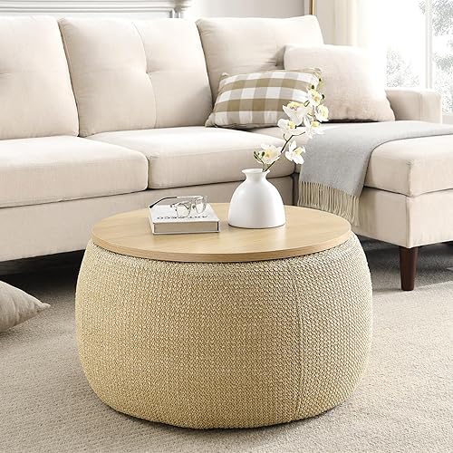 Miniatura 4 de Setawix Otomana de almacenamiento copetuda para dormitorio, asiento otomano redondo tejido de 27.5 pulgadas, mesa auxiliar tapizada de tela con tapa