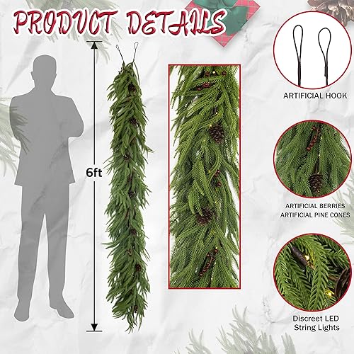 Miniatura 3 de 2 guirnaldas de Navidad de 6 pies  Guirnalda realista de pino Norfolk  Guirnalda verde de tacto real para mesa, chimenea, pared, interior y