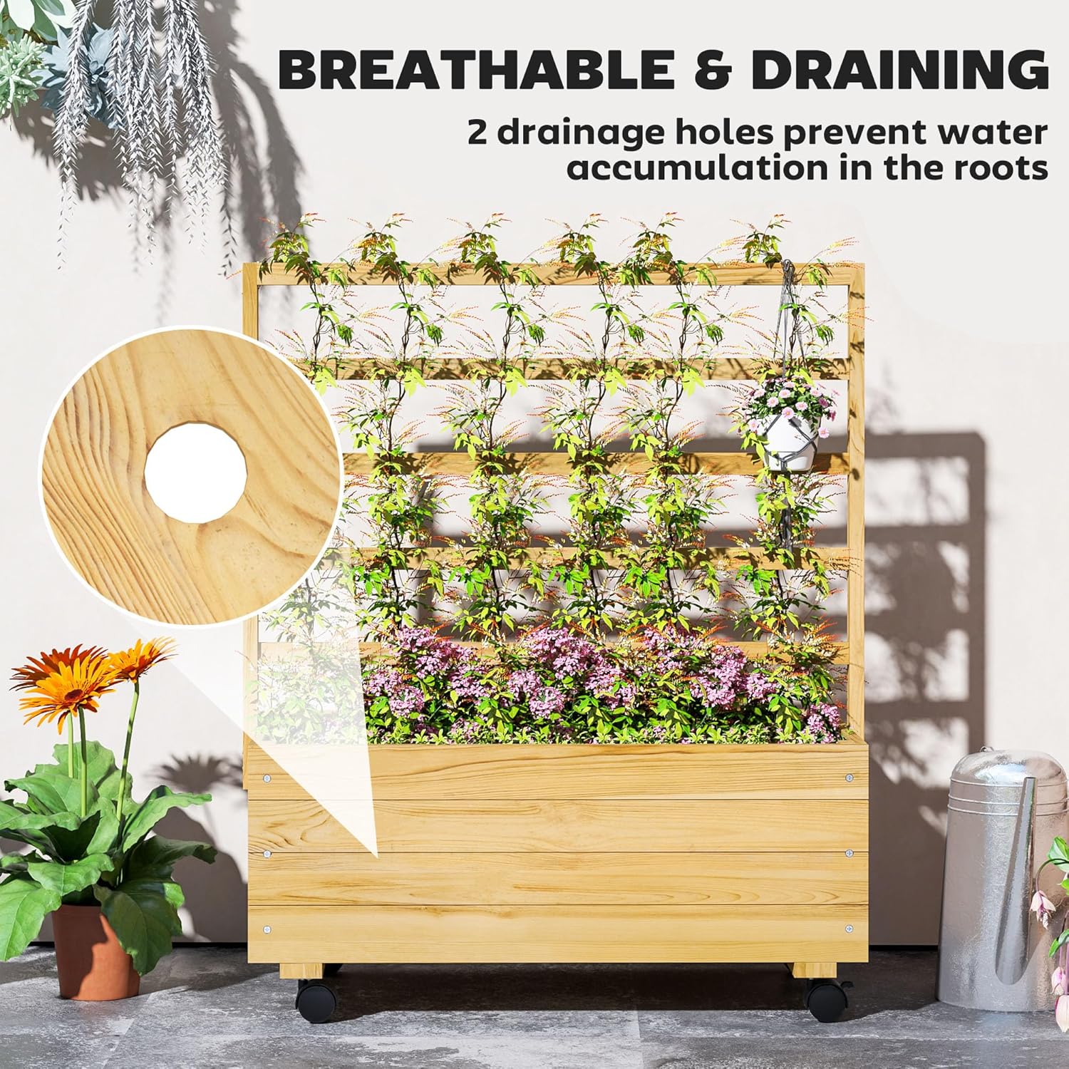 Outsunny Raised Garden Bed with Trellis and Wheels, Outdoor Wooden Elevated Planter Box, Freestanding Raised Flower Bed for Climbing Plants, Flowers, Herbs and Vegetables, Natural