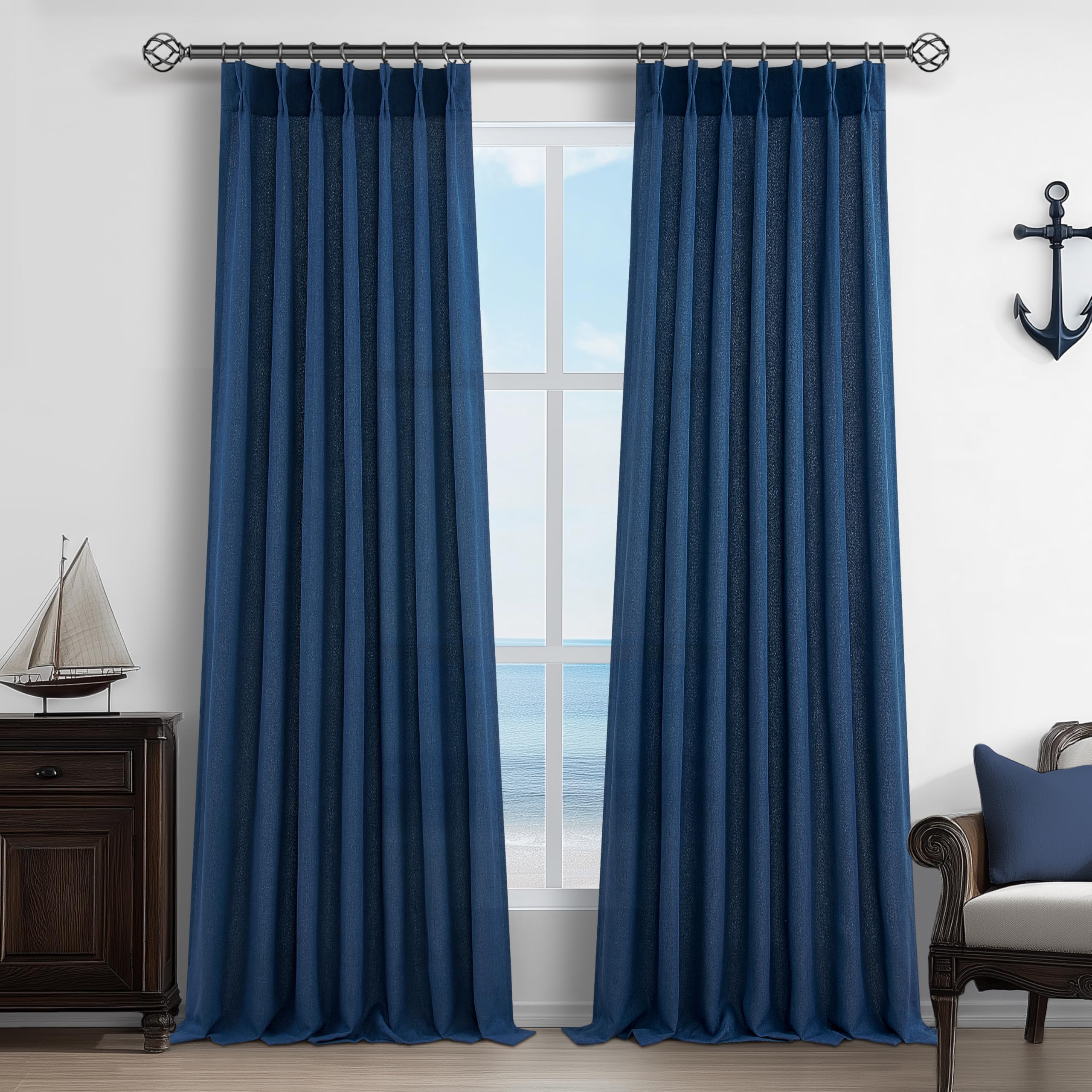PleatedDrapes Denim Blue Semi Sheer Curtains 90 Inches Long for Dining Room 2 Panels Set, Modern Pinch Pleat Heavy Linen Blend Light Filtering Nursery