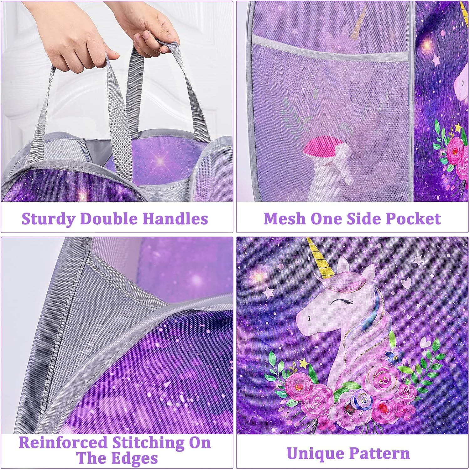 Basumee Kids Laundry Hamper Collapsible Laundry Baskets Pop Up Hamper Mesh Dirty Clothes Laundry Basket Foldable Hampers with Side Pocket for Nursery Room, Dark Purple Unicorn