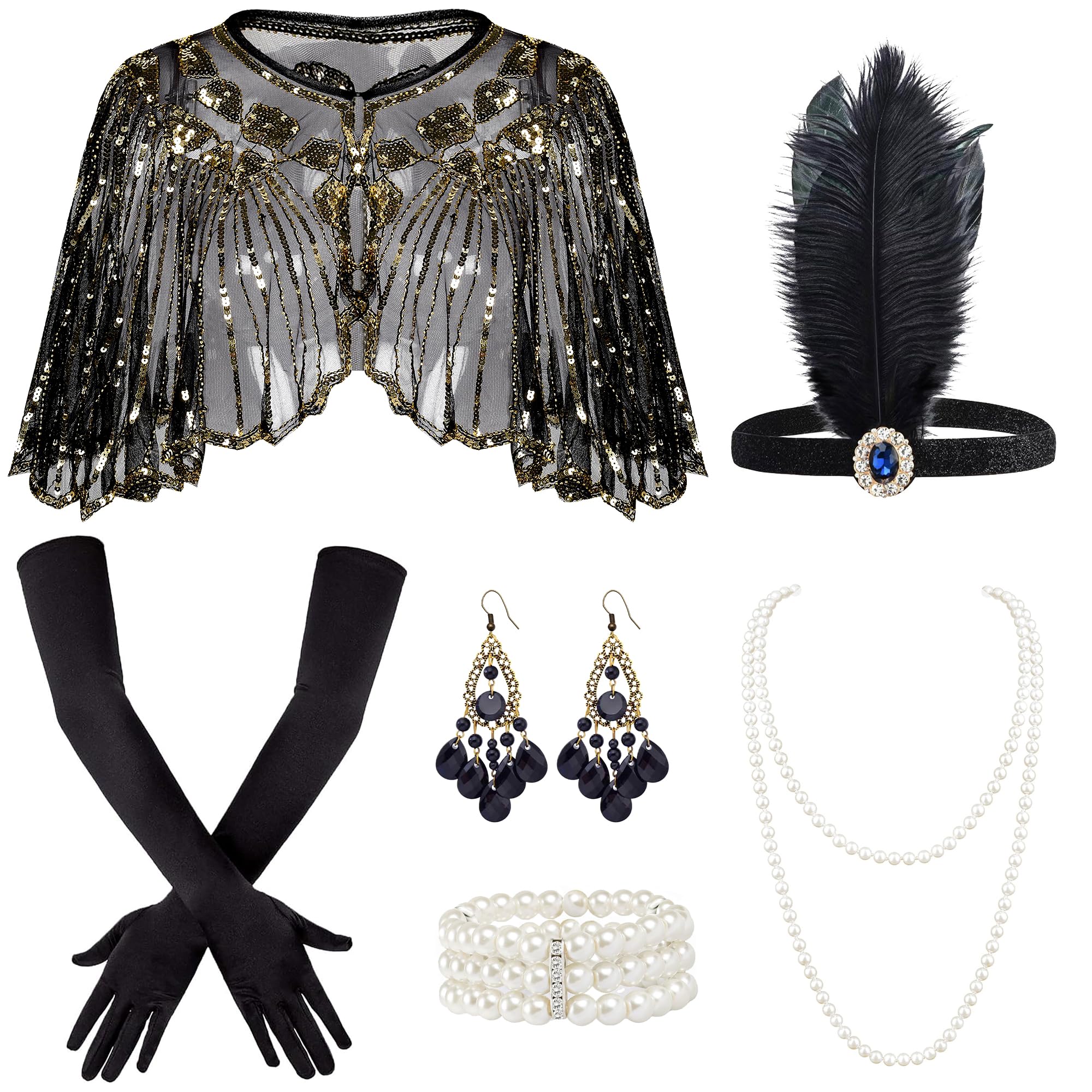 Amlisia 1920s Flapper Accessories for Women, Great Gatsby Accessories for Women Roaring 20s Accessory 1920 Accessory with Sequin Flapper Shawl 1920s Headpiece Pearl Bracelet Necklace