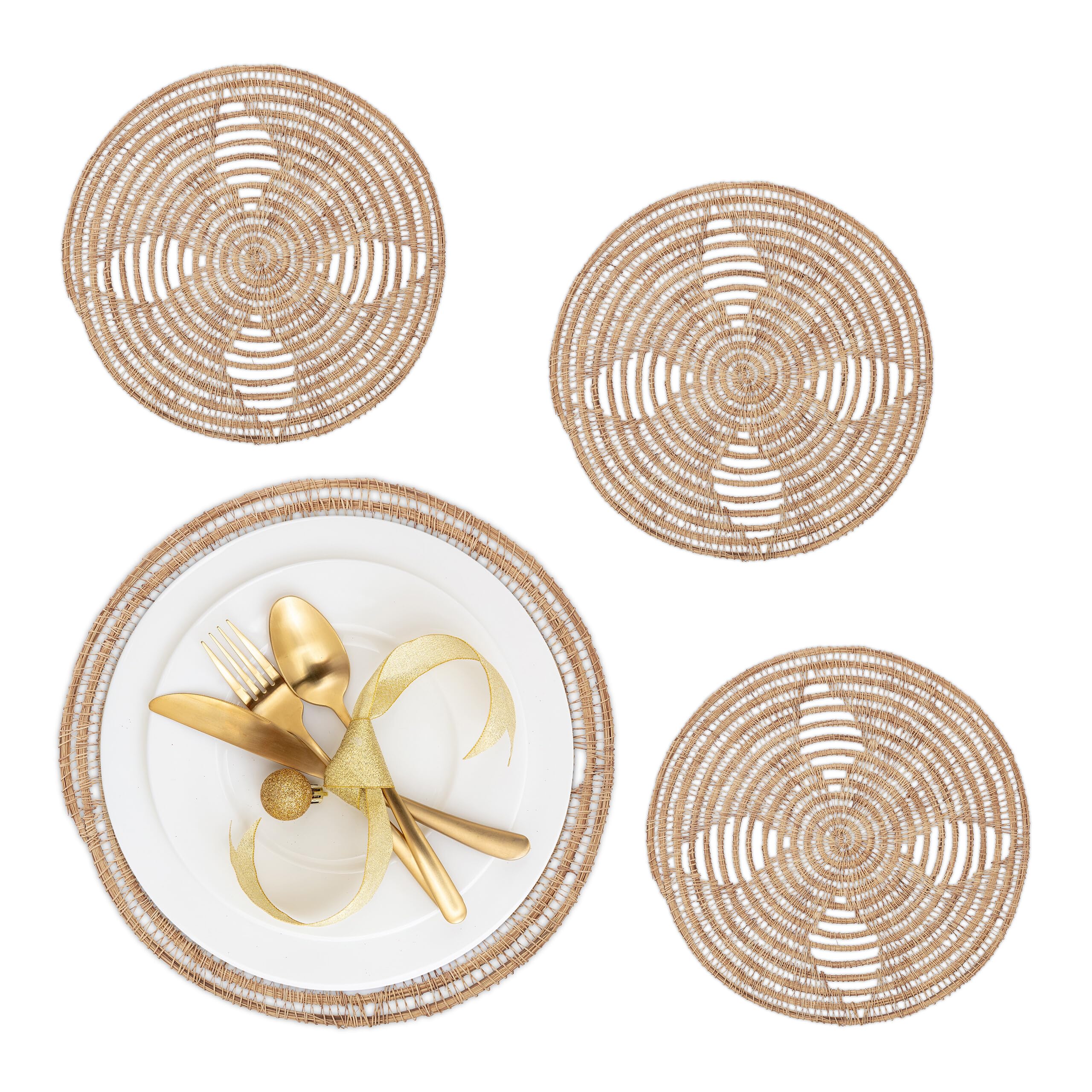 Relaxdays Tovagliette Sottopiatto in Palma Intrecciata, Ø 35 cm, Set da 4 Placemat Americane, Sottopentola, Naturale, Fibra vegetale