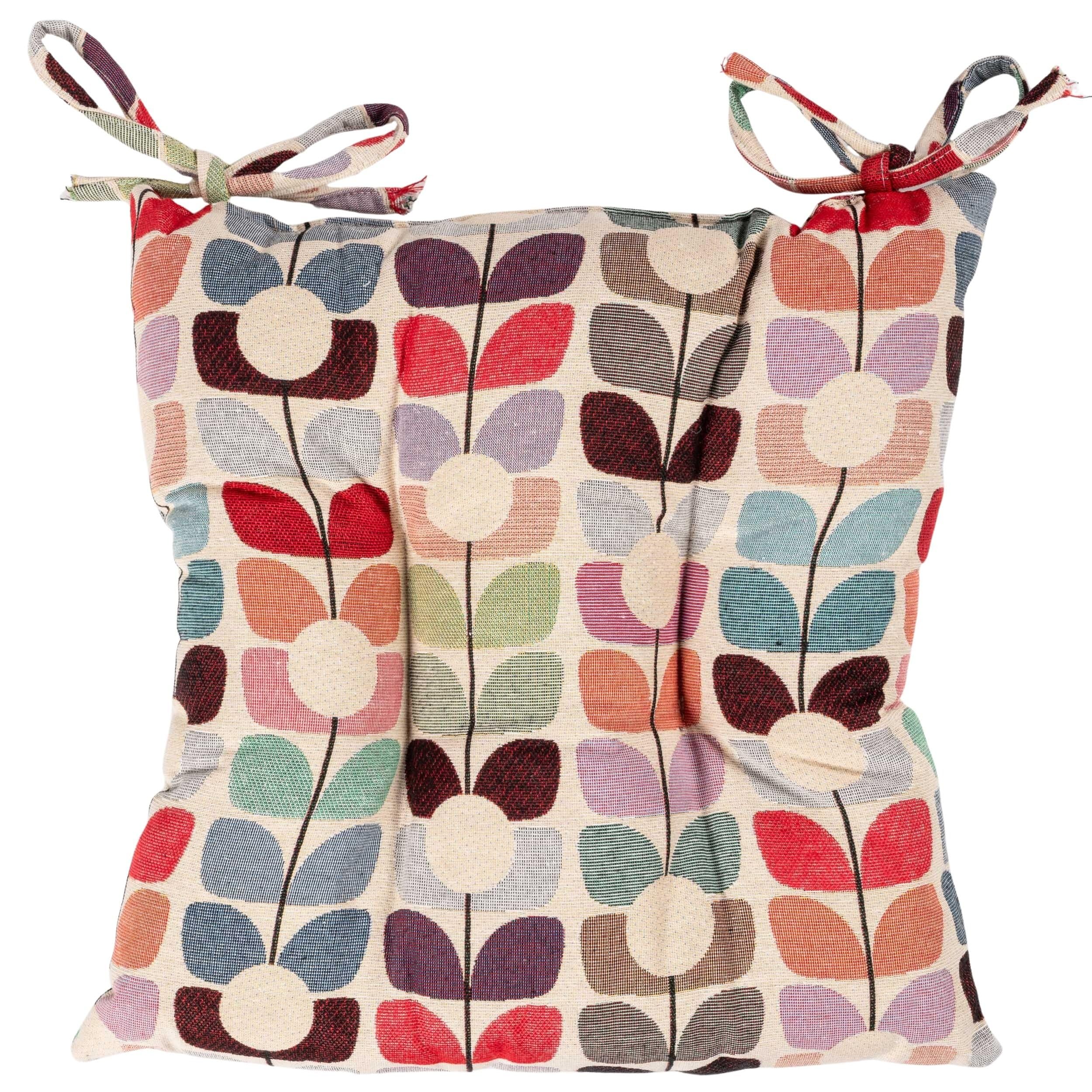 Linen Loft Retro Flower Stem Tapestry Quilted Fibre Seat Pad. Red, Pink, Blue & Orange Block-Print Tulip Floral Vintage Design, Luxury Chair Pad with Ties. Deep-Filled & Supersoft. 16x16 x 3"