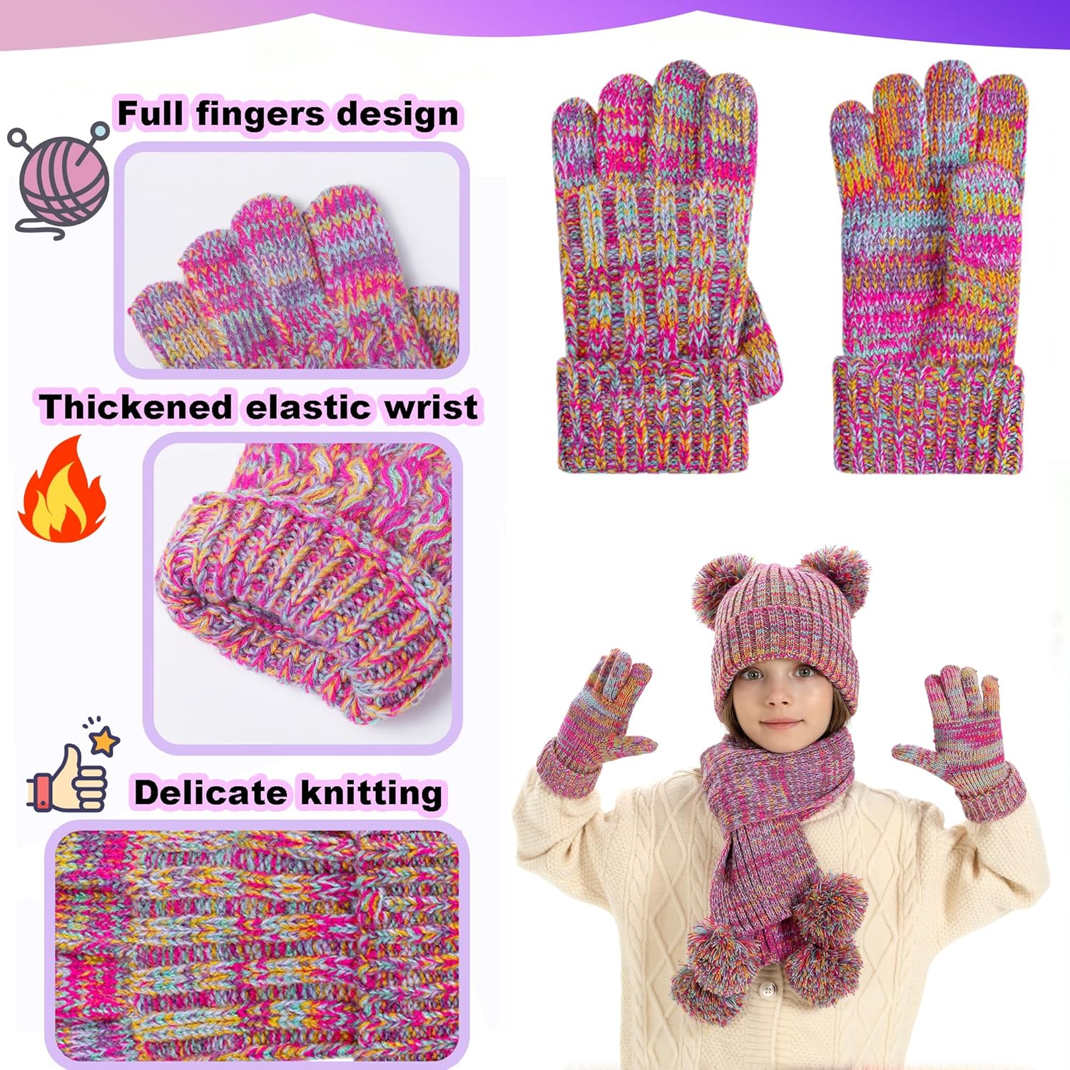 Kids Winter Hat Scarf Gloves Set, Girls Toddler Children's Beanie with PomPom Knit Hats Scarves Mittens for Christmas 2-15Y - Image 3