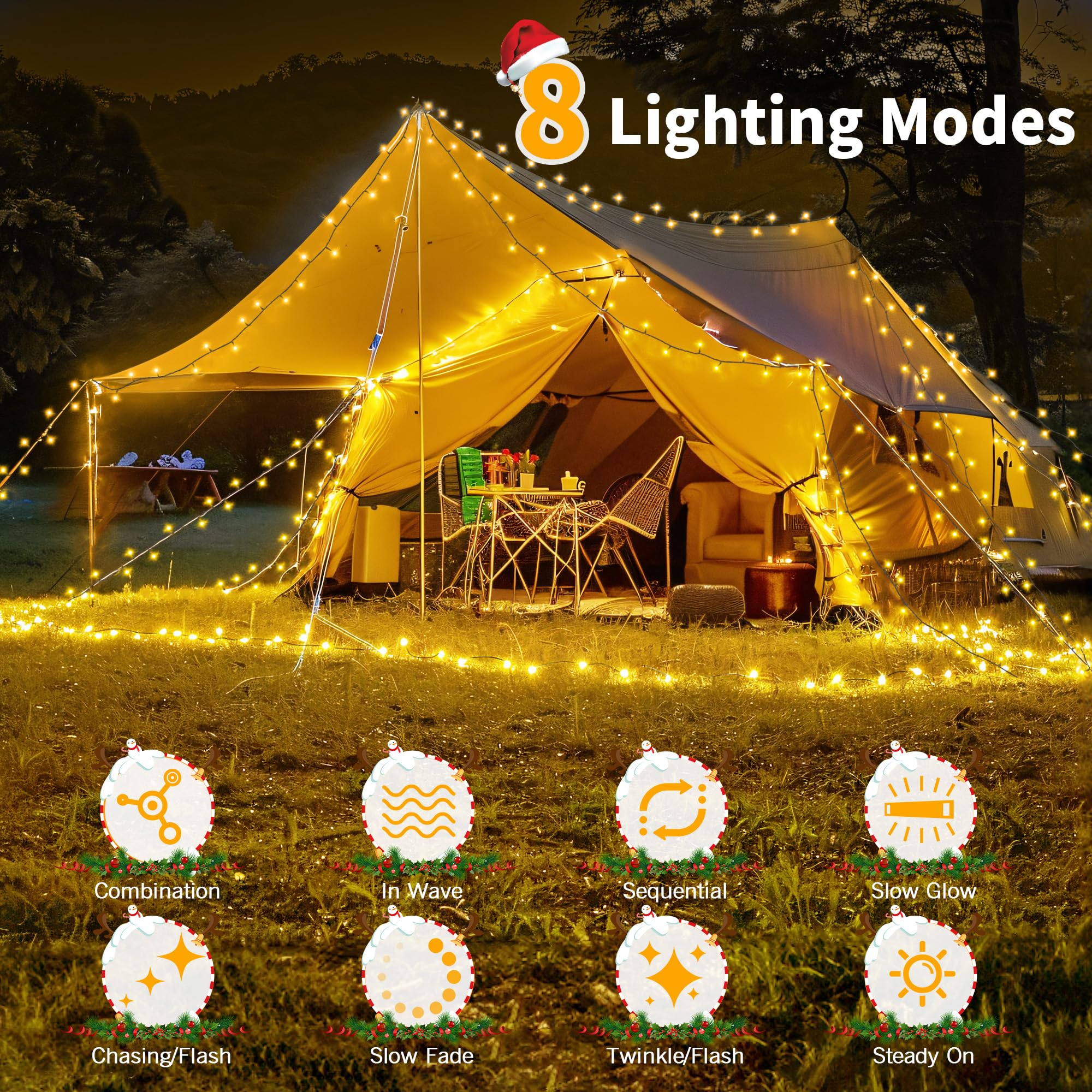 Luci Albero Di Natale a Batteria, 20m 200LEDs Catena Luminosa Esterno 8 Modalità,Impermeabile IP44 Luci Natale Esterno e Interno Batteria, Luci Albero di Natale per Festa,Giardino,Natale,Halloween