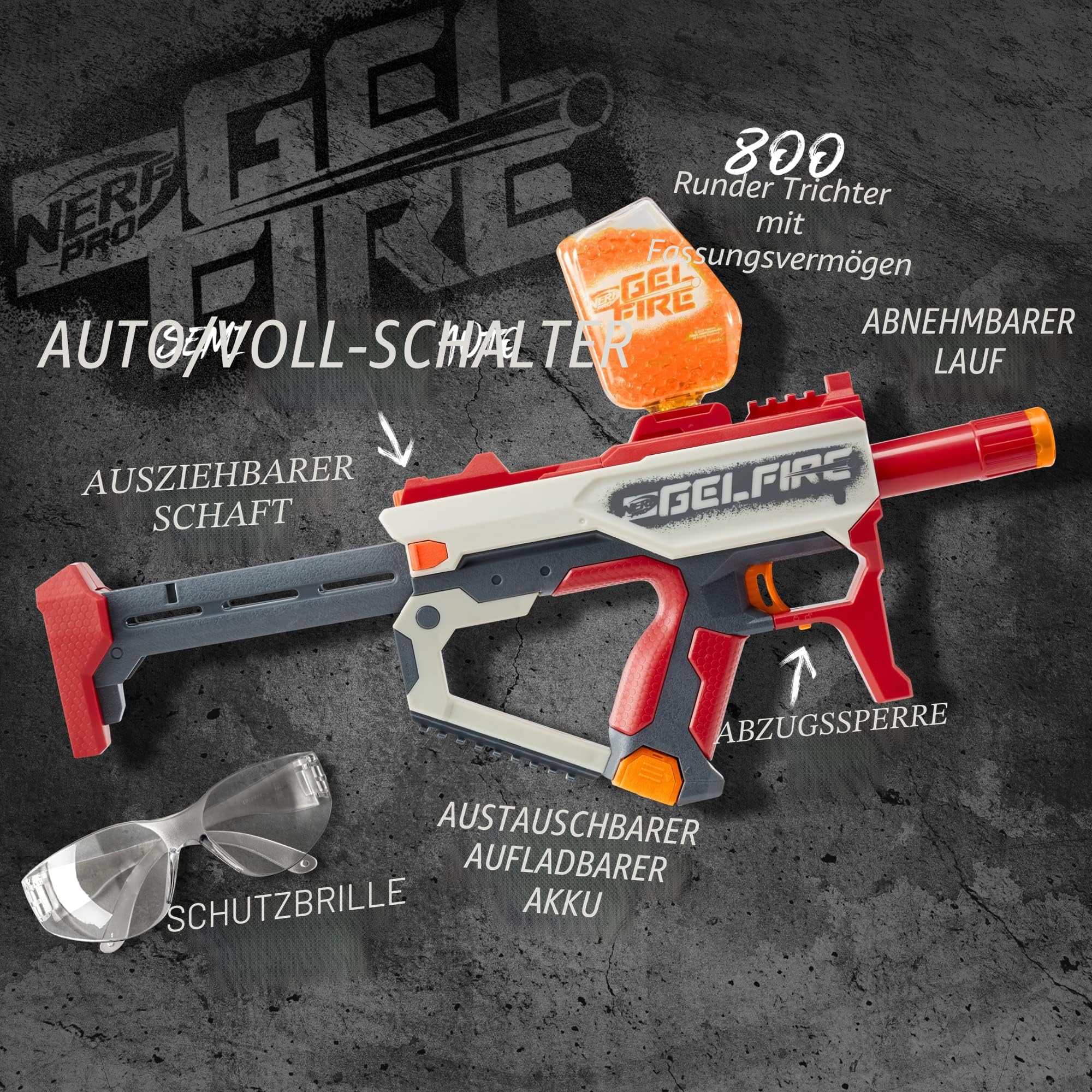 Nerf Pro Gelfire Mythic Blaster 1600 Gelfire Runden Hopper Wiederaufladbarer Akku Brille