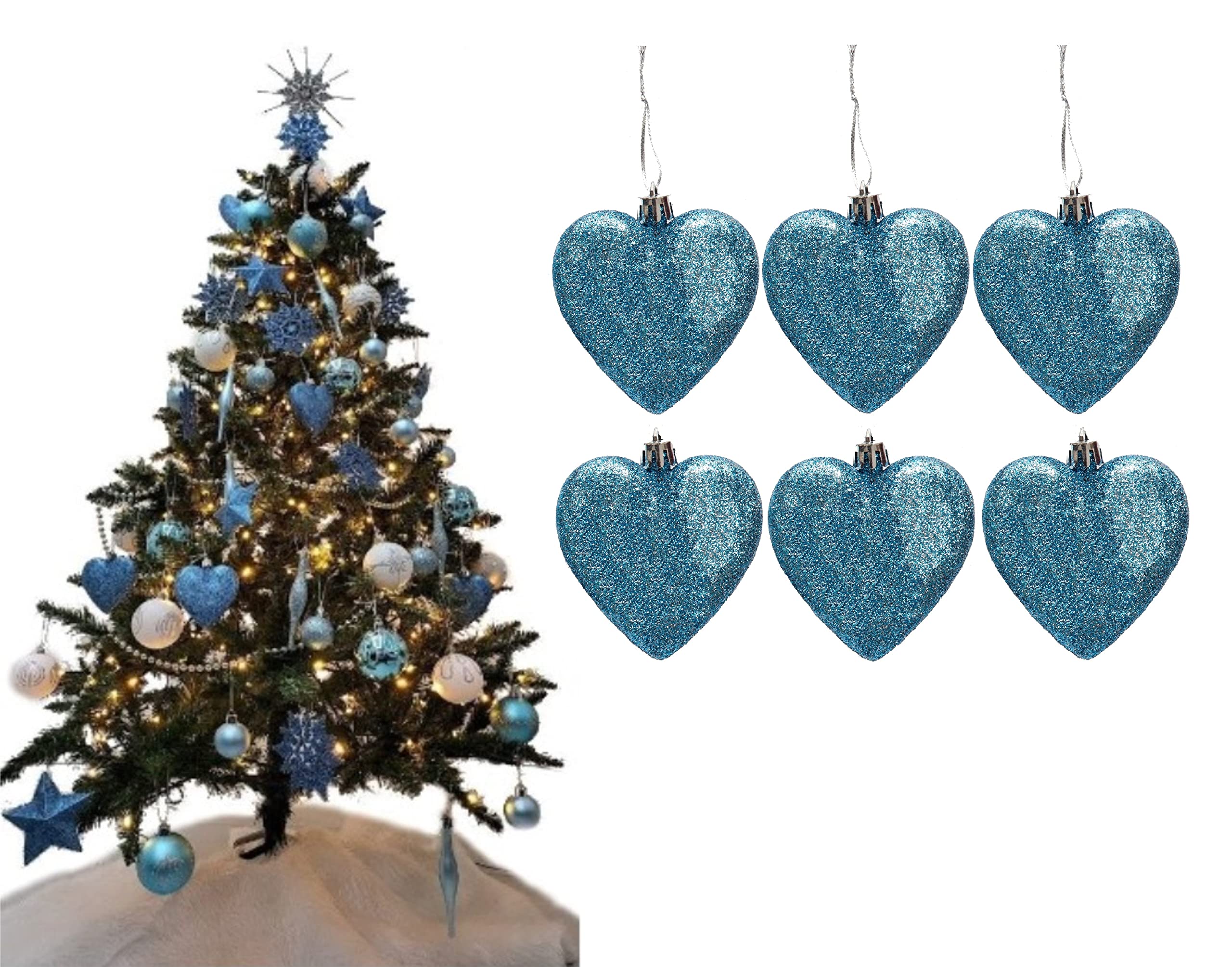 Simply Products Ice Blue Glitter 6 Heart Baubles - Great Christmas Tree Decorations, Glitter Heart Baubles (Ice Blue Glitter)