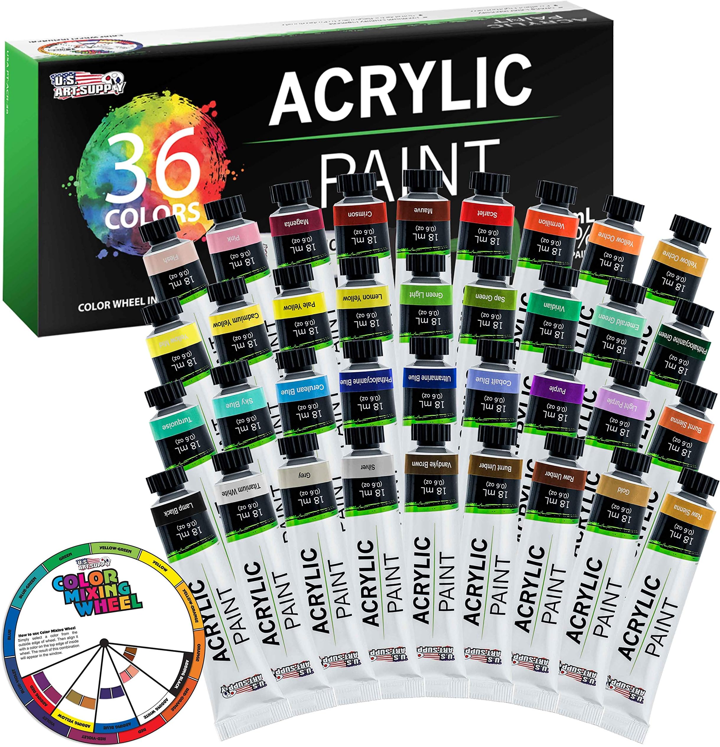 U.S. Art Supply Professional 36 Color Set of Acrylic Paint in Large 18ml Tubes - Rich Vivid Colors for Artists, Students, Beginners - Canvas Portrait Paintings - Bonus Color Mixing Wheel
